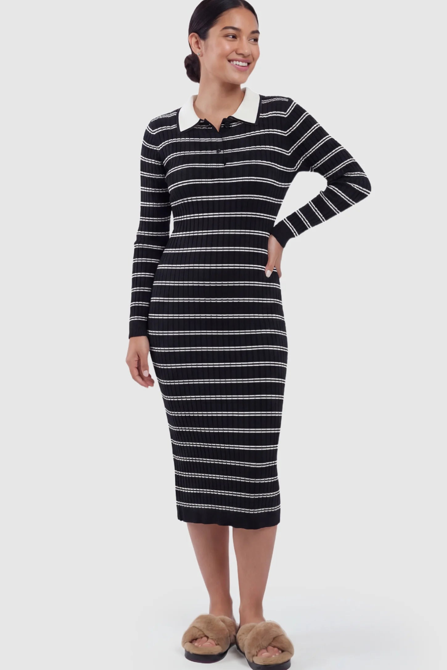Striped Knit Collared Maternity Midi Dress Rib-Knit Straight-Tube Maternity Midi in Black Stripes featuring a contrast polo collar on a postpartum model.