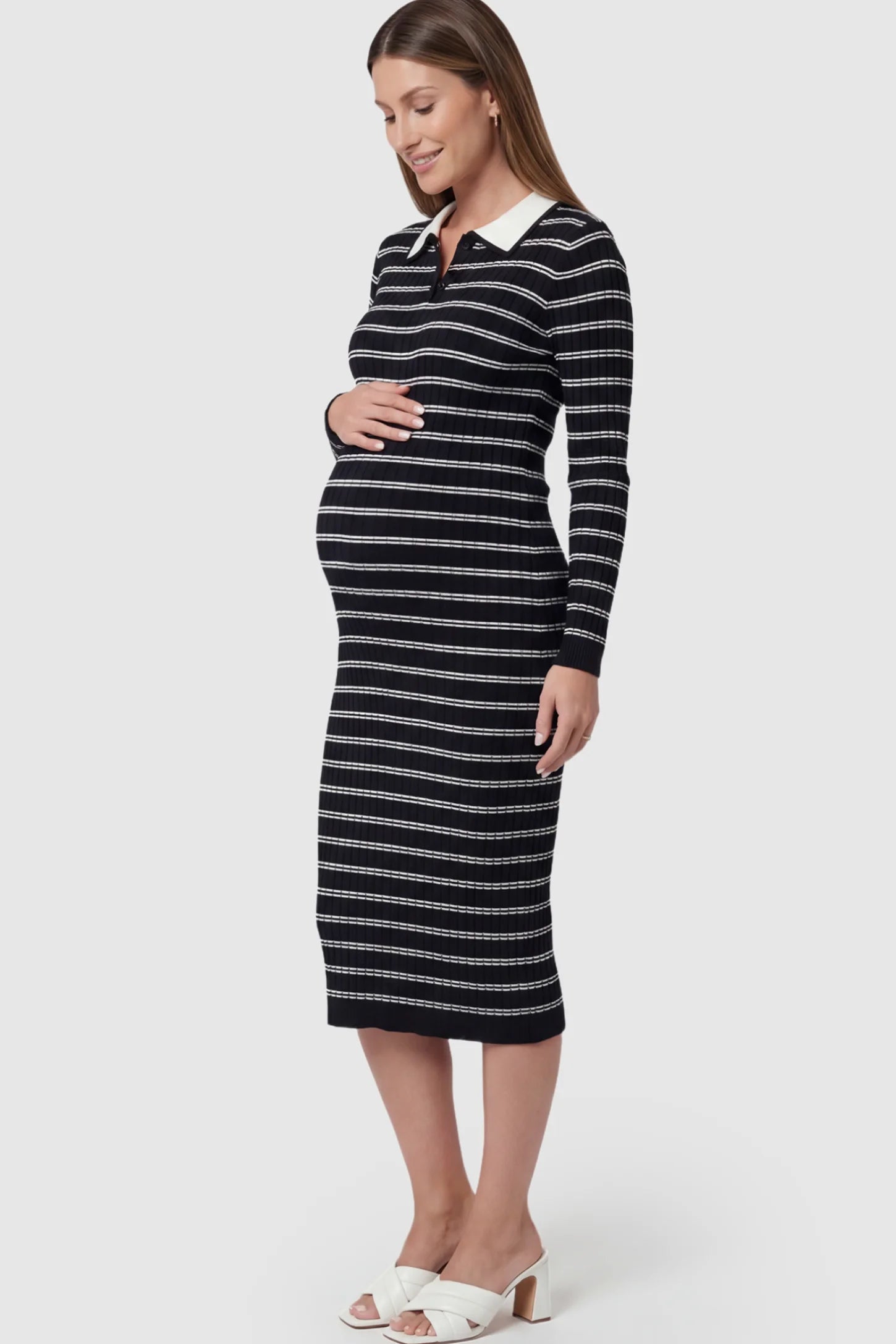 Striped Knit Collared Maternity Midi Dress Rib-Knit Straight-Tube Maternity Midi in Black Stripes featuring a contrast polo collar on a pregnant model.
