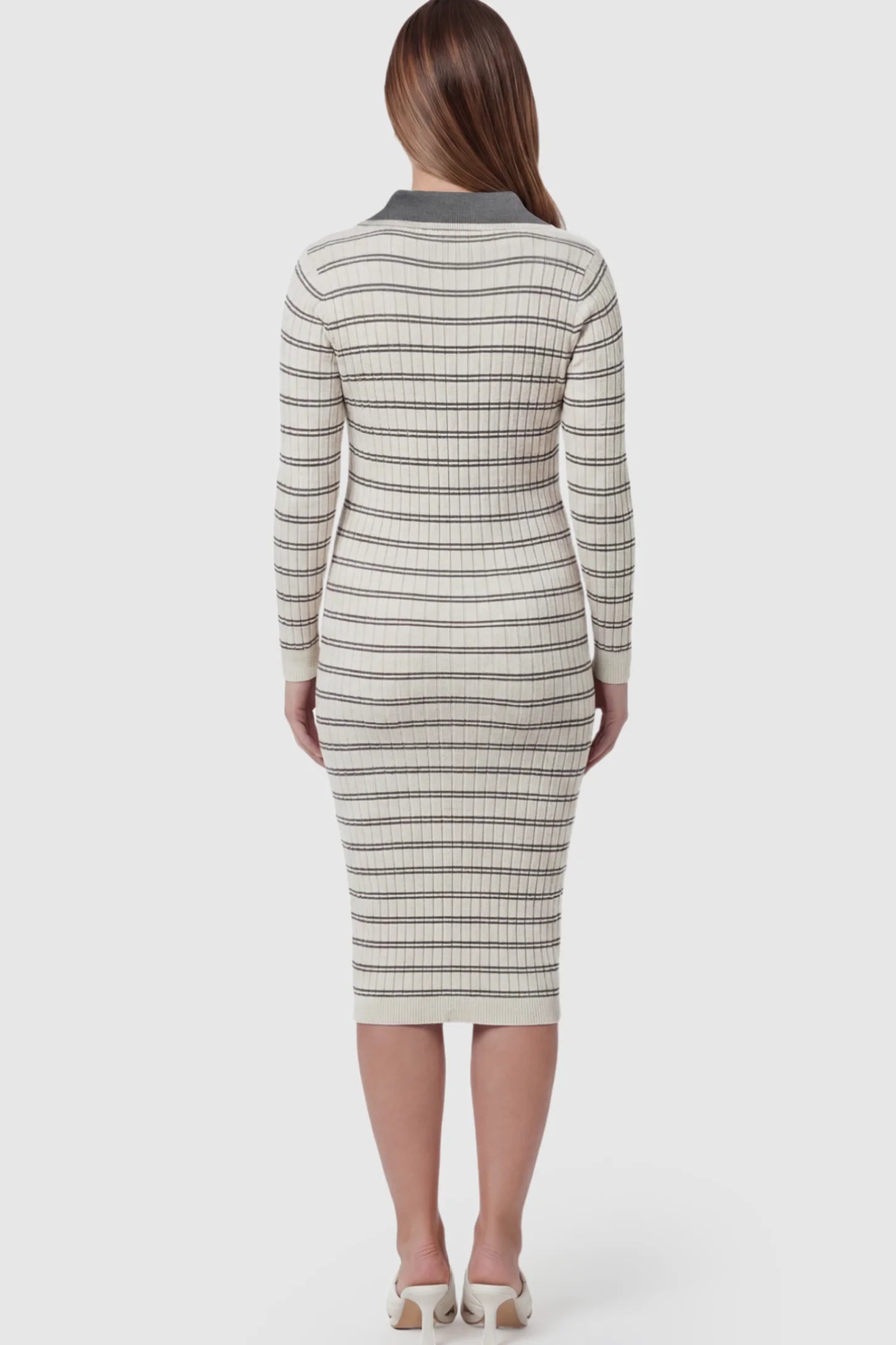 Striped Knit Collared Maternity Midi Dress Rib-Knit Straight-Tube Maternity Midi in Off-White Stripes on a pregnant model.