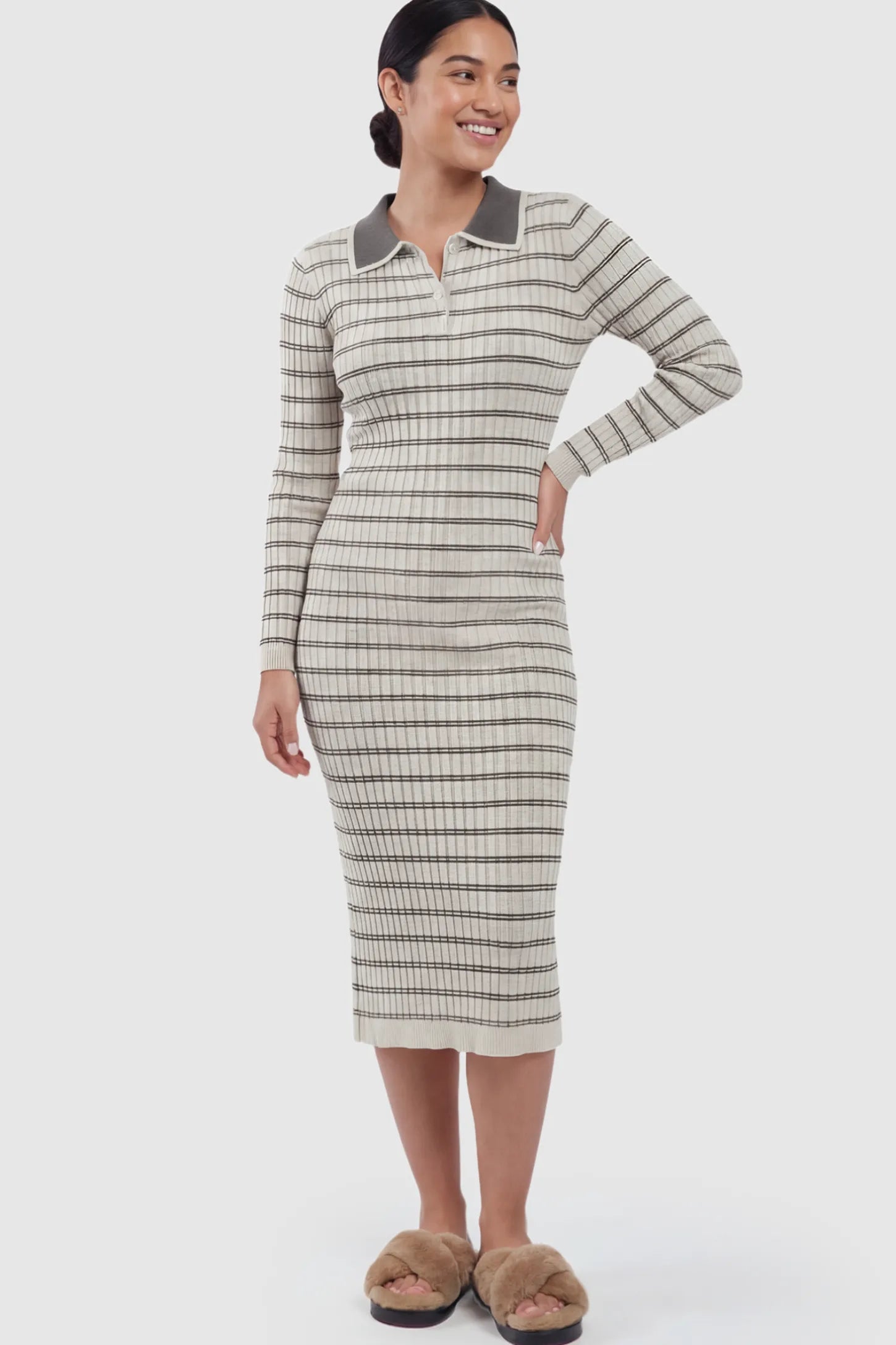 Striped Knit Collared Maternity Midi Dress Rib-Knit Straight-Tube Maternity Midi in Off-White Stripes featuring a contrast polo collar on a postpartum model.