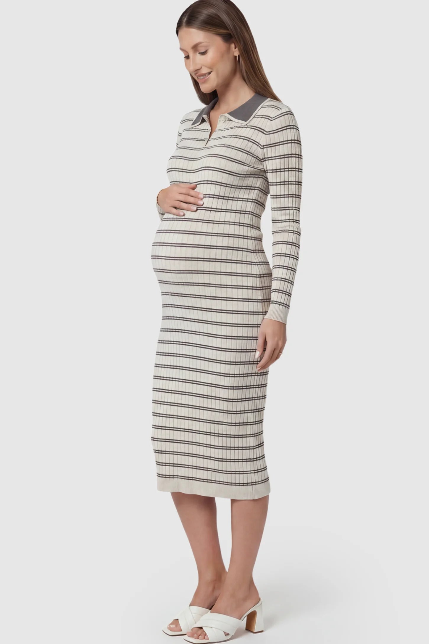 Rib-Knit Straight-Tube Maternity Midi in Off-White Stripes featuring a contrast polo collar on a pregnant model.