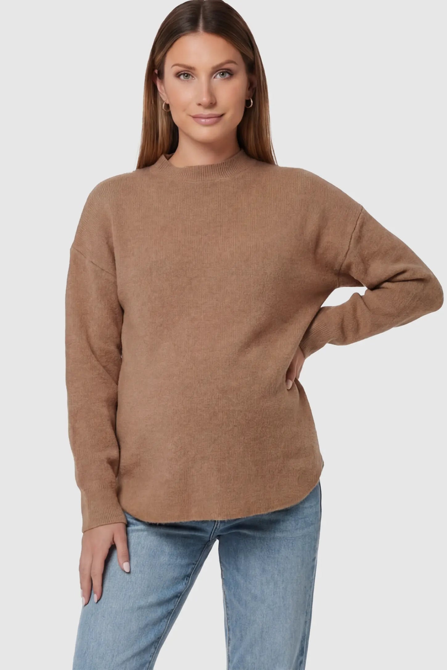 Mock Neck Long Sleeve Maternity Sweater in Coffee thickened woolen fabric on a pregnant model.