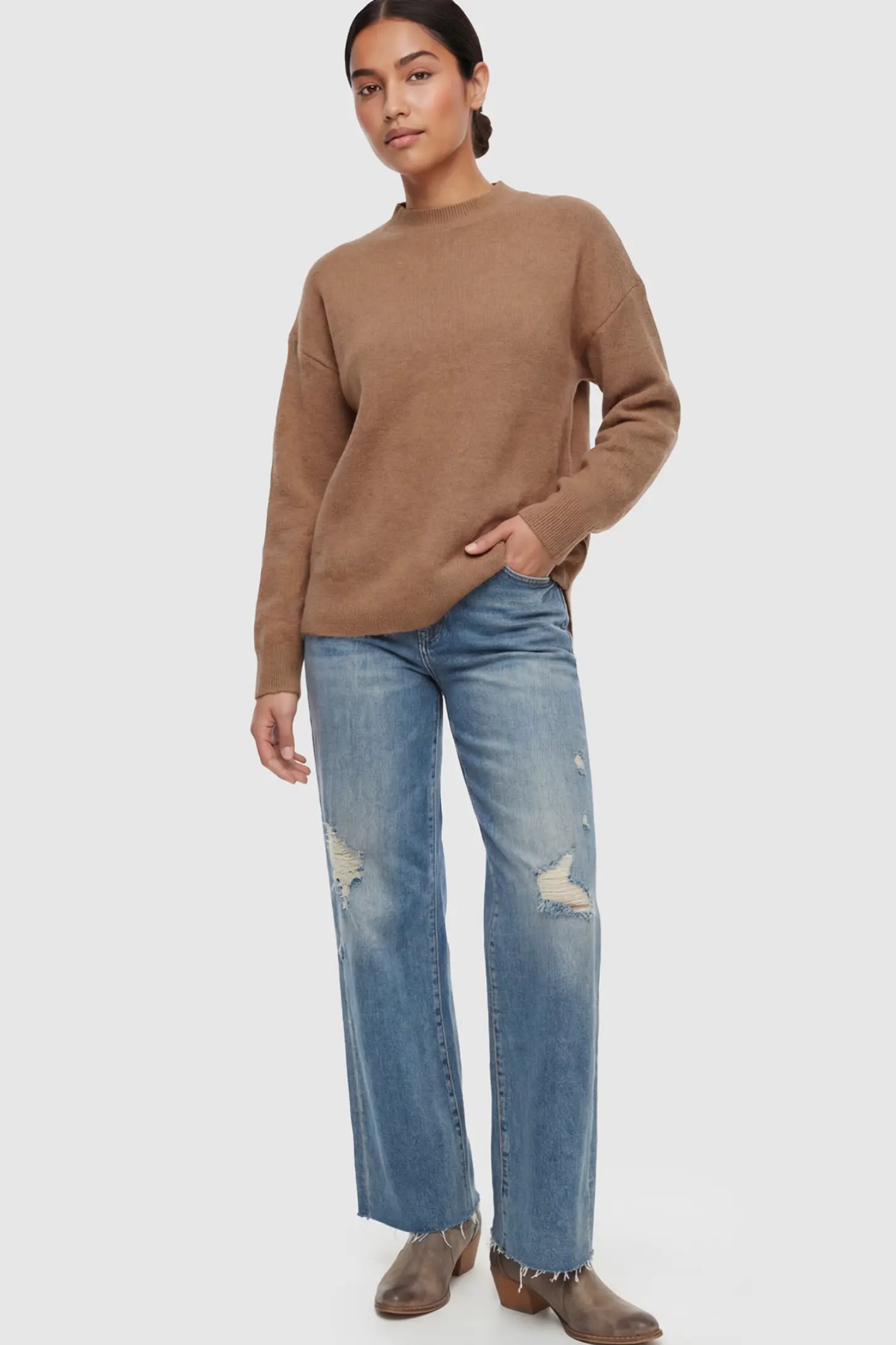 Mock Neck Long Sleeve Maternity Sweater Mock Neck Long Sleeve Maternity Sweater in Coffee thickened woolen fabric on a postpartum model.