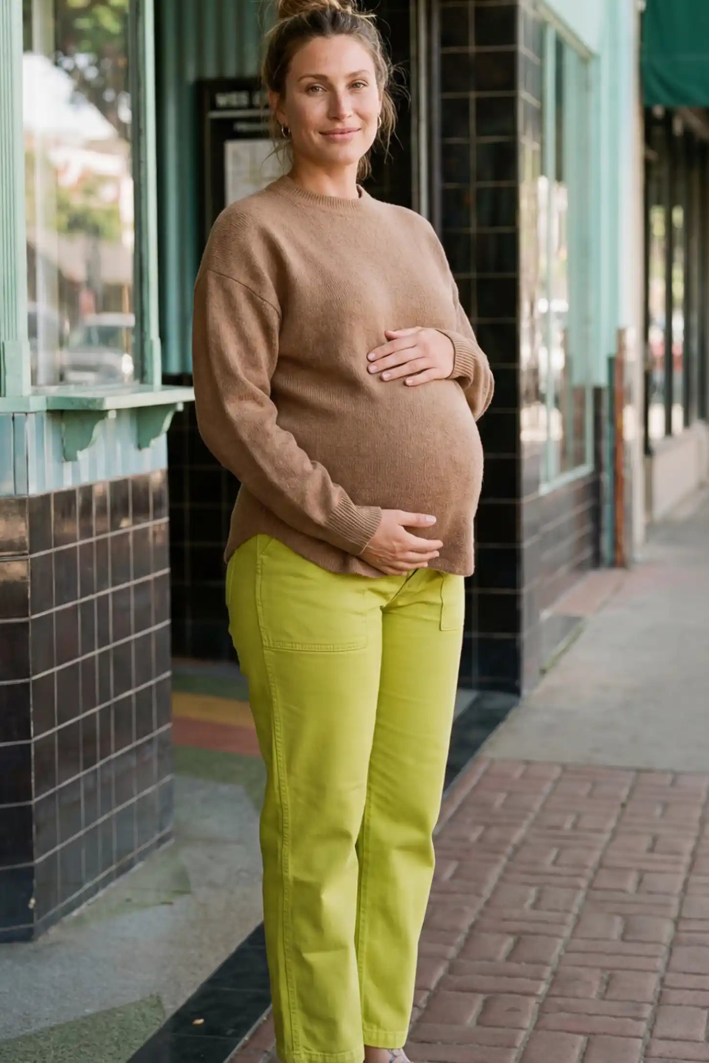 Mock Neck Long Sleeve Maternity Sweater Mock Neck Long Sleeve Maternity Sweater in Coffee thickened woolen fabric on a pregnant model.