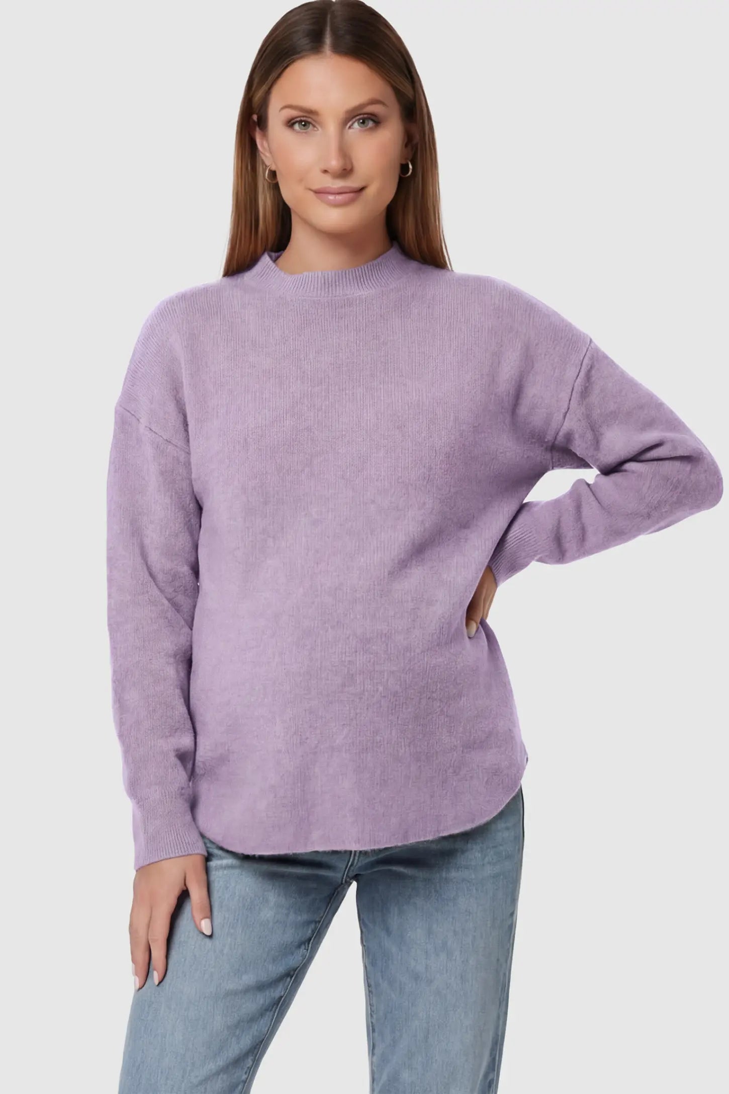 Mock Neck Long Sleeve Maternity Sweater Mock Neck Long Sleeve Maternity Sweater in Lavender thickened woolen fabric on a pregnant model.