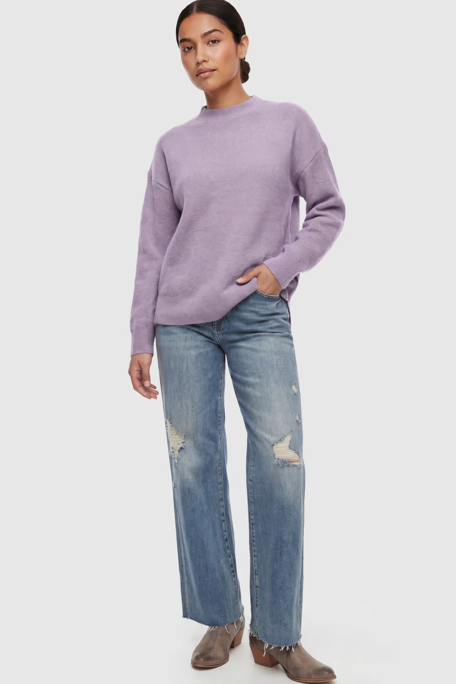 Mock Neck Long Sleeve Maternity Sweater Mock Neck Long Sleeve Maternity Sweater in Lavender thickened woolen fabric on a postpartum model.