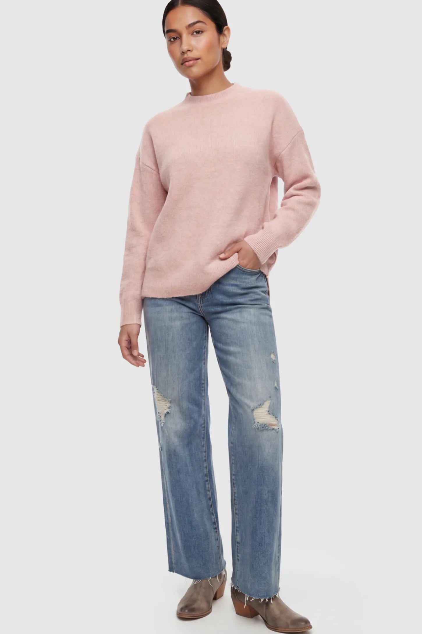 Mock Neck Long Sleeve Maternity Sweater Mock Neck Long Sleeve Maternity Sweater in Pink thickened woolen fabric on a postpartum model.