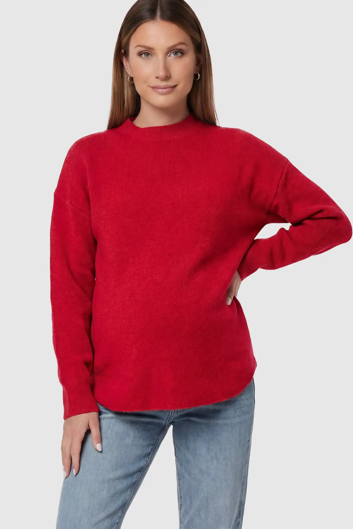 Mock Neck Long Sleeve Maternity Sweater Mock Neck Long Sleeve Maternity Sweater in Red thickened woolen fabric on a pregnant model.