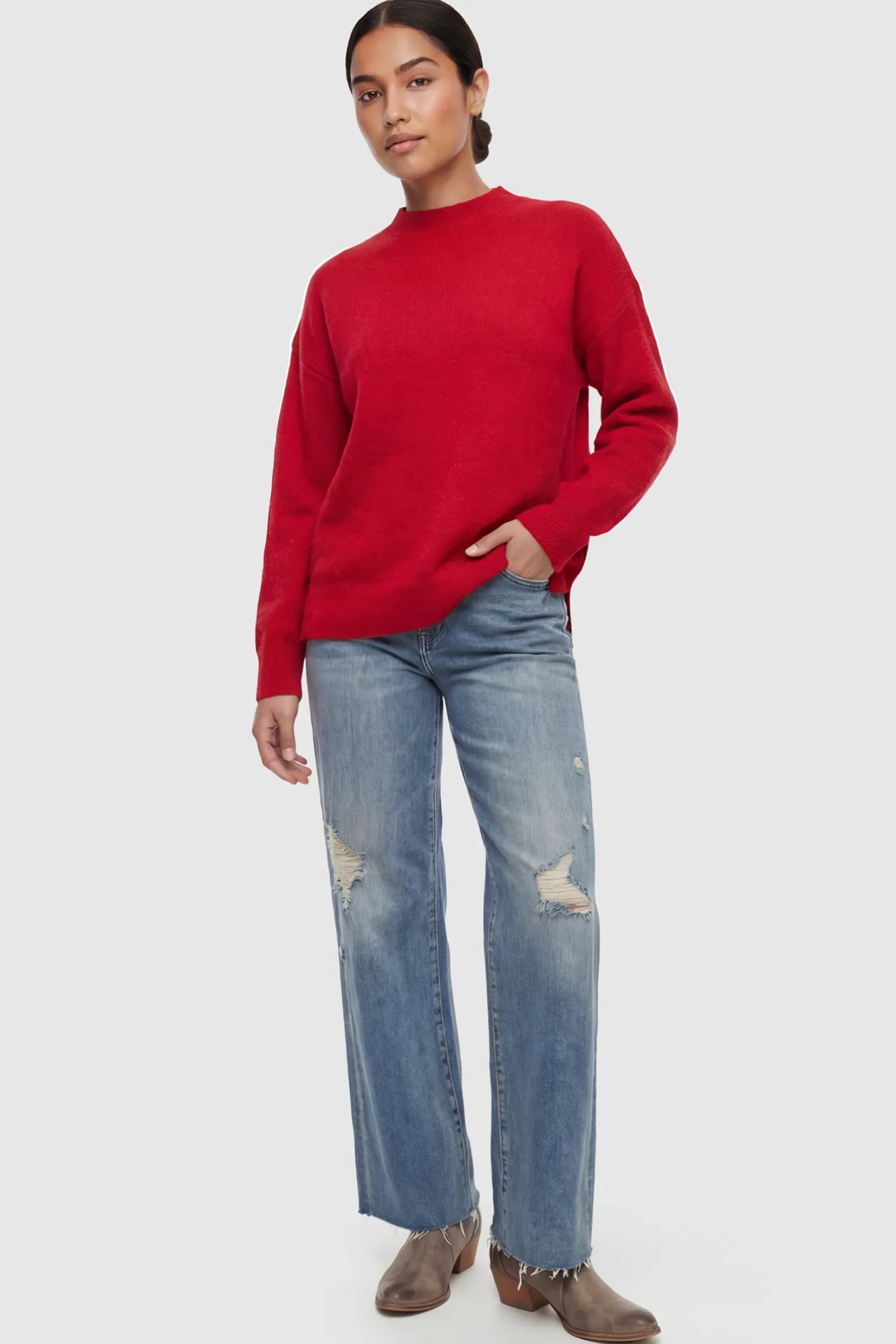 Mock Neck Long Sleeve Maternity Sweater Mock Neck Long Sleeve Maternity Sweater in Red thickened woolen fabric on a postpartum model.