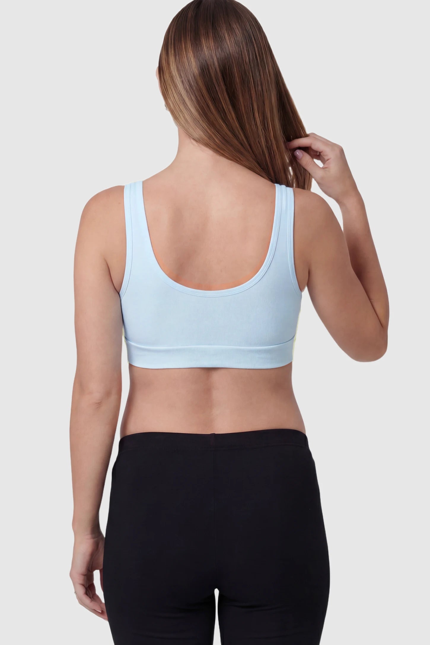 Soft Cotton Crossover Wireless Maternity Nursing Bra Soft Cotton Crossover Wireless Pull-On Maternity Nursing Bra in Blue on a pregnant model.