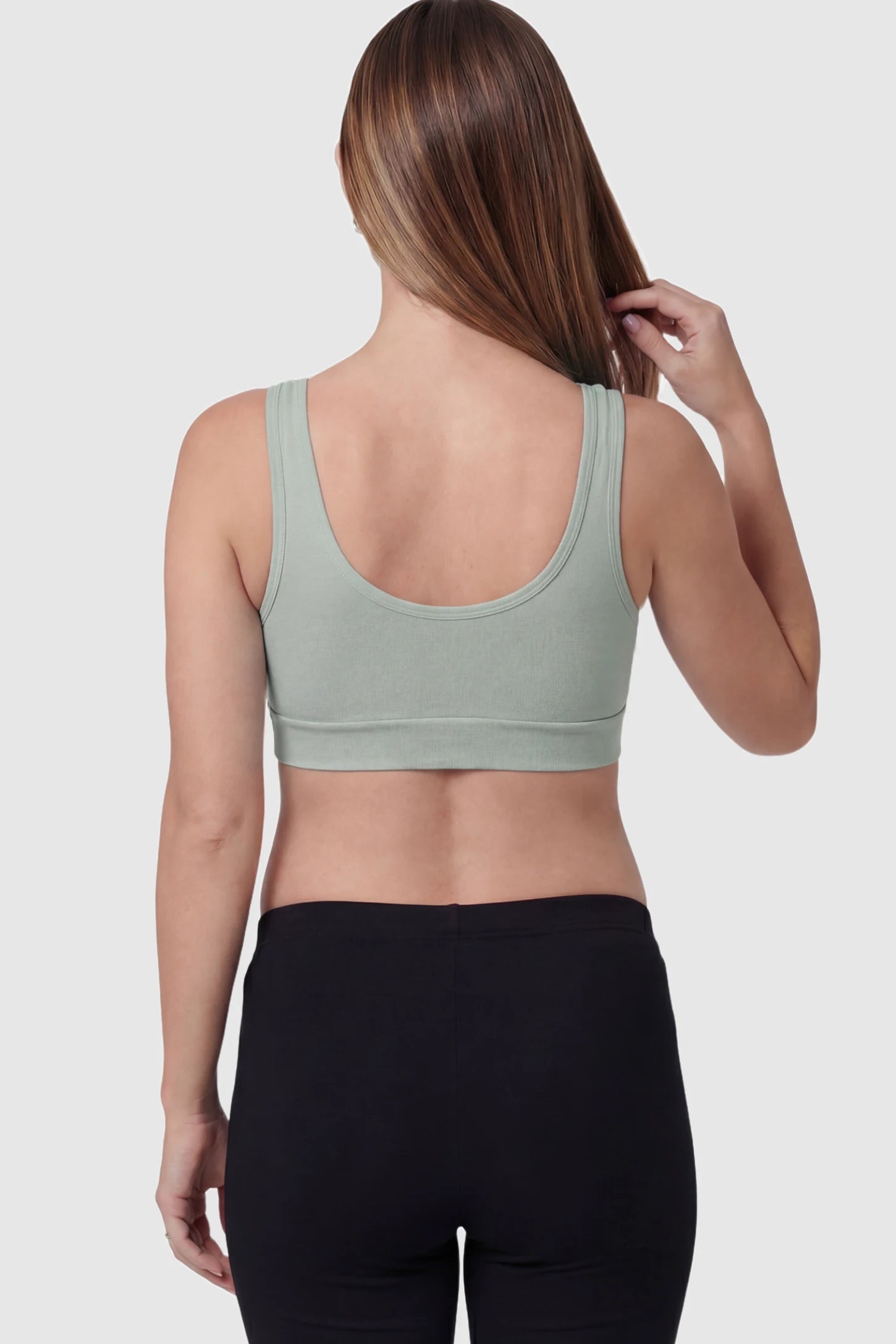 Soft Cotton Crossover Wireless Maternity Nursing Bra Soft Cotton Crossover Wireless Pull-On Maternity Nursing Bra in Gray on a pregnant model.