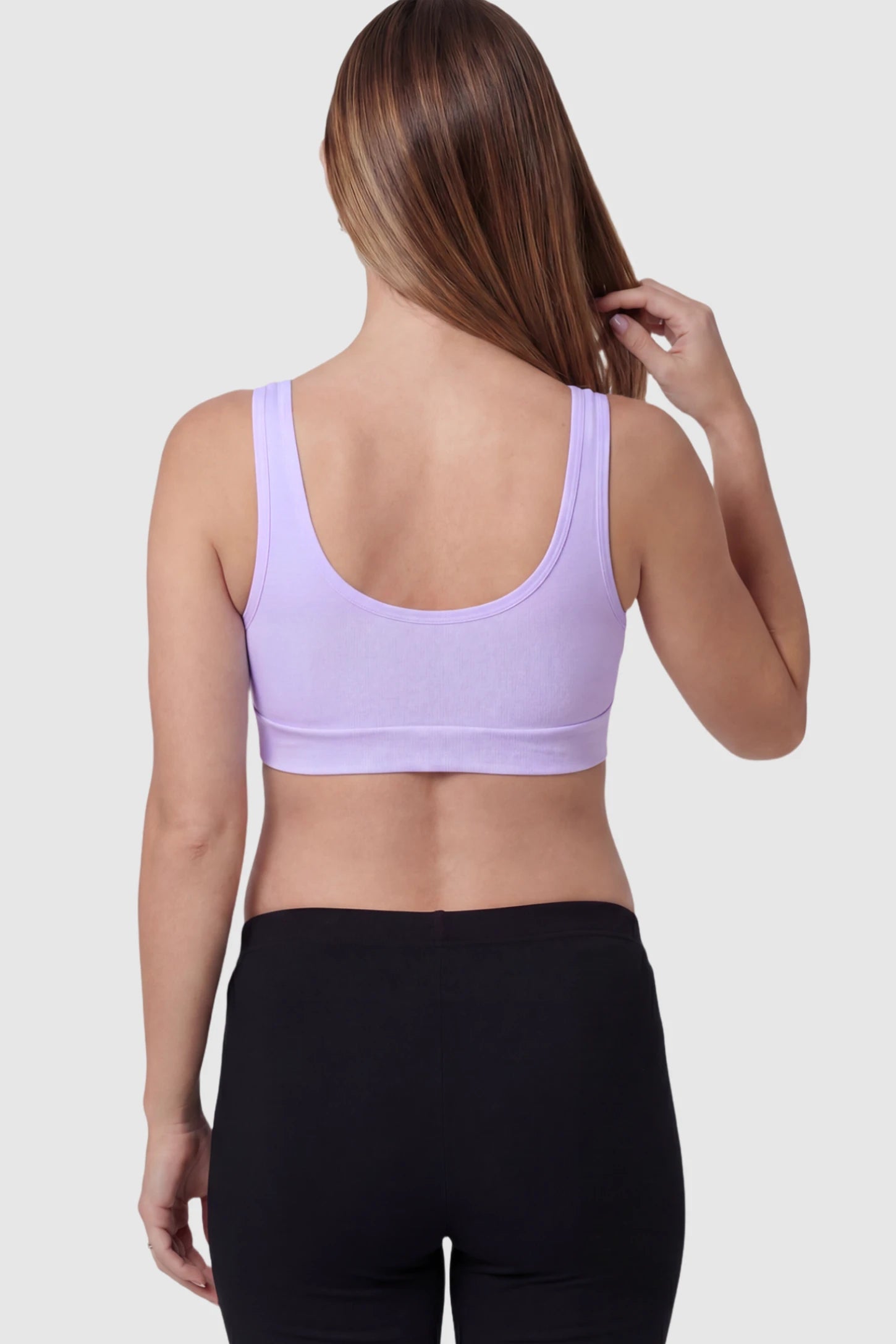 Soft Cotton Crossover Wireless Maternity Nursing Bra Soft Cotton Crossover Wireless Pull-On Maternity Nursing Bra in Purple on a pregnant model.