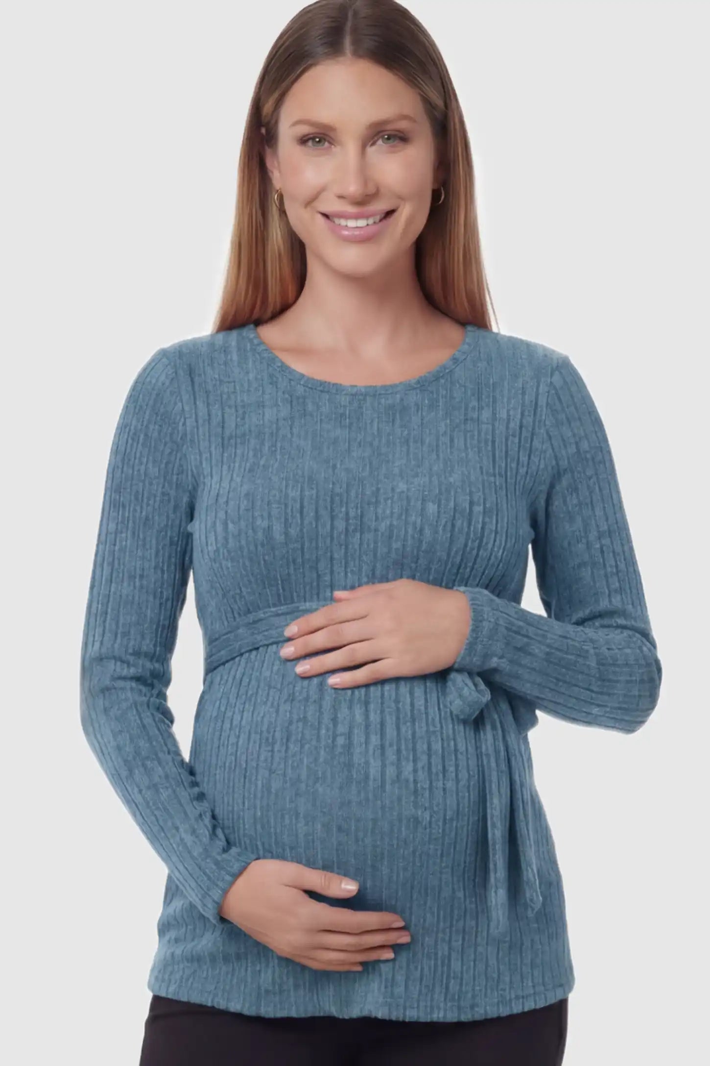 Ribbed Tie-Waist Long Sleeve Maternity Top Ribbed Tie-Waist Long Sleeve Maternity Top in Blue featuring an adjustable waist on a pregnant model.
