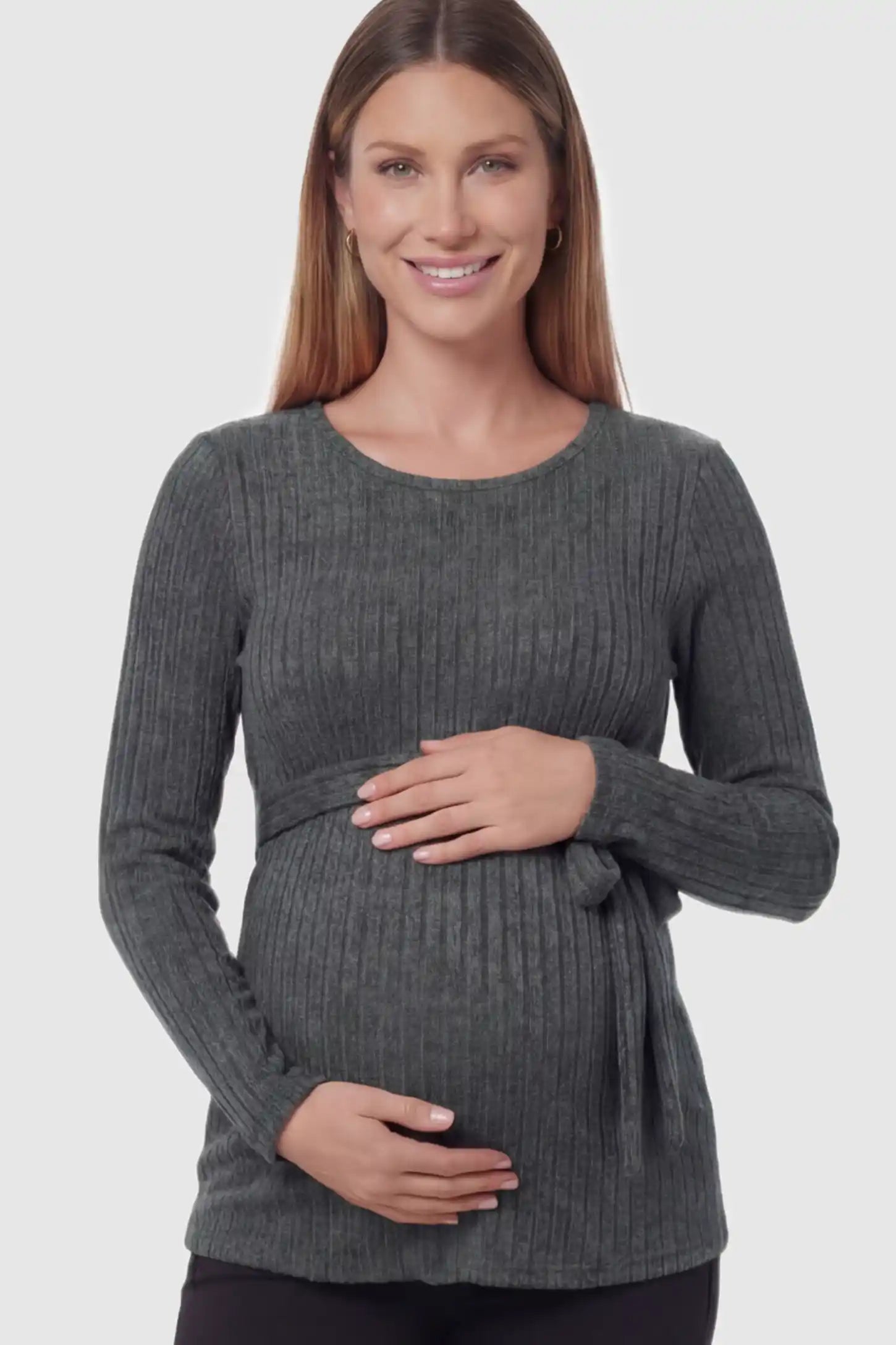 Ribbed Tie-Waist Long Sleeve Maternity Top Ribbed Tie-Waist Long Sleeve Maternity Top in Gray featuring an adjustable waist on a pregnant model.
