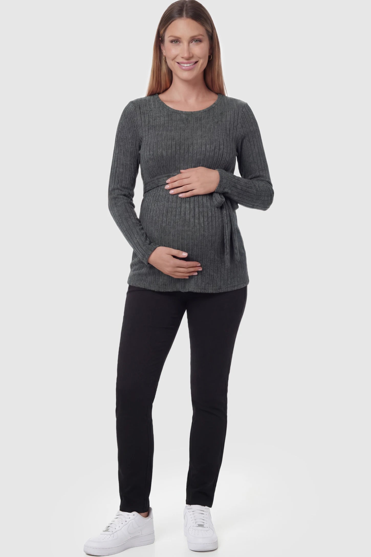 Ribbed Tie-Waist Long Sleeve Maternity Top Ribbed Tie-Waist Long Sleeve Maternity Top in Gray featuring an adjustable waist on a pregnant model.