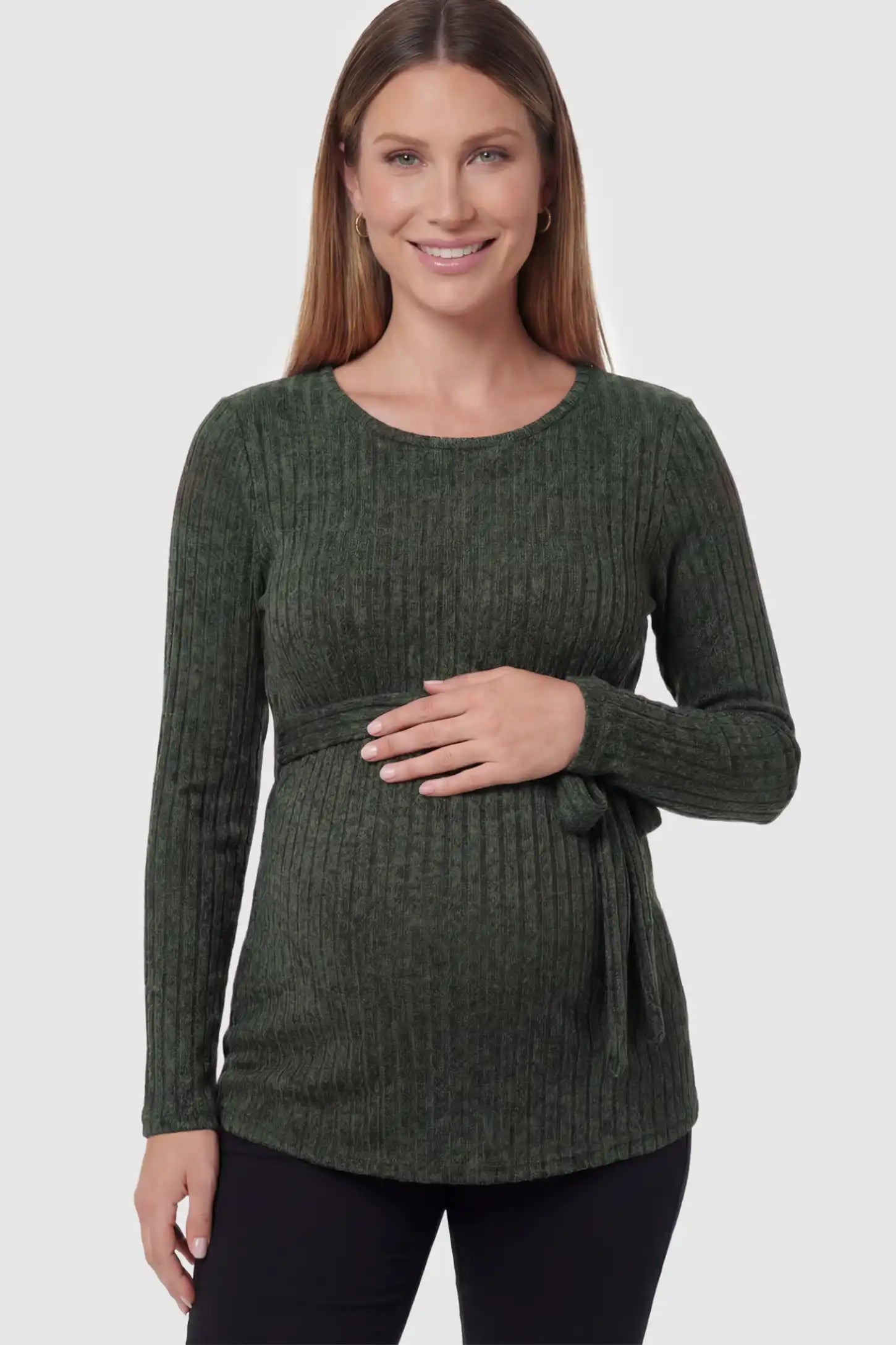 Ribbed Tie-Waist Long Sleeve Maternity Top Ribbed Tie-Waist Long Sleeve Maternity Top in Green featuring an adjustable waist on a pregnant model.