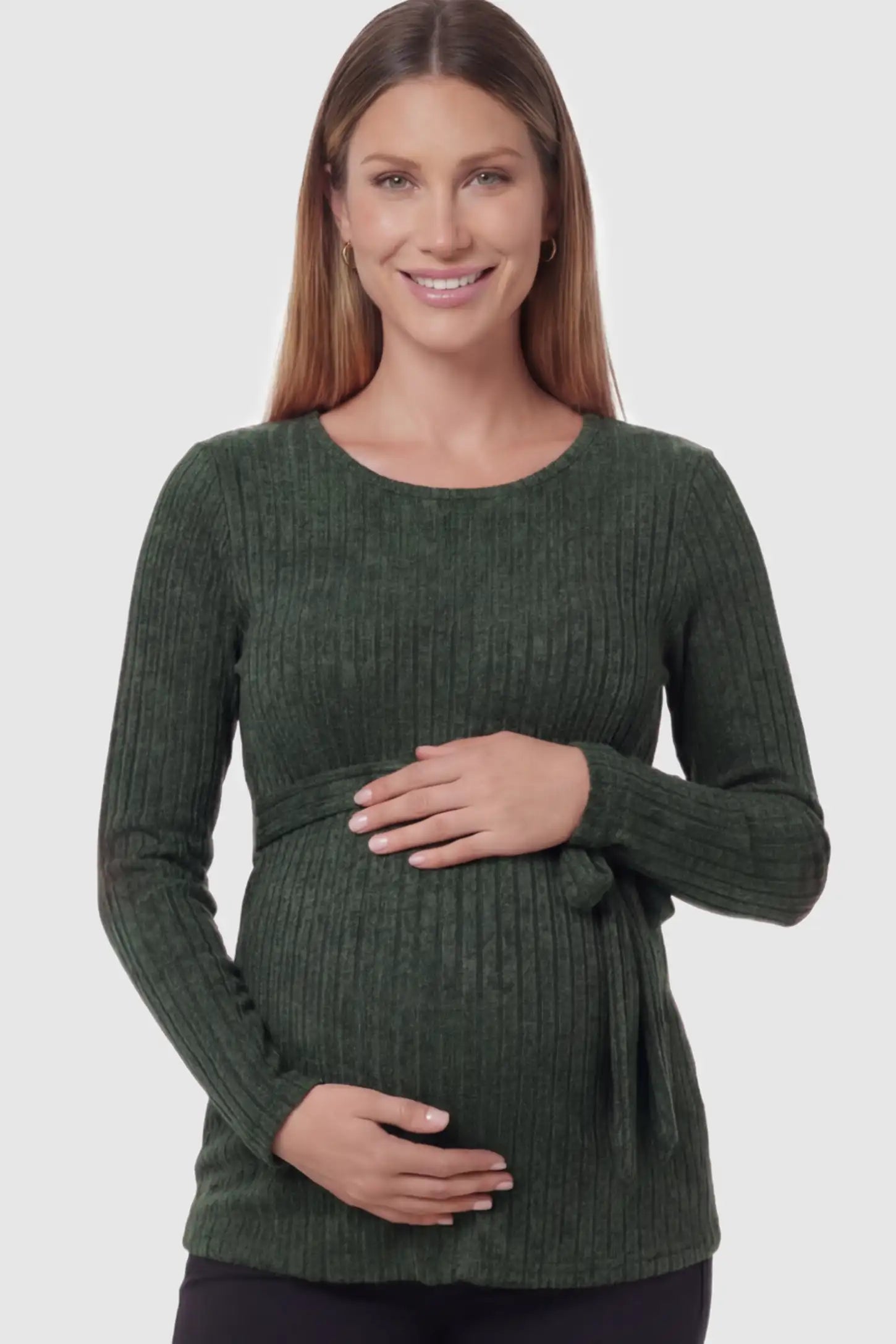 Ribbed Tie-Waist Long Sleeve Maternity Top Ribbed Tie-Waist Long Sleeve Maternity Top in Green featuring an adjustable waist on a pregnant model.