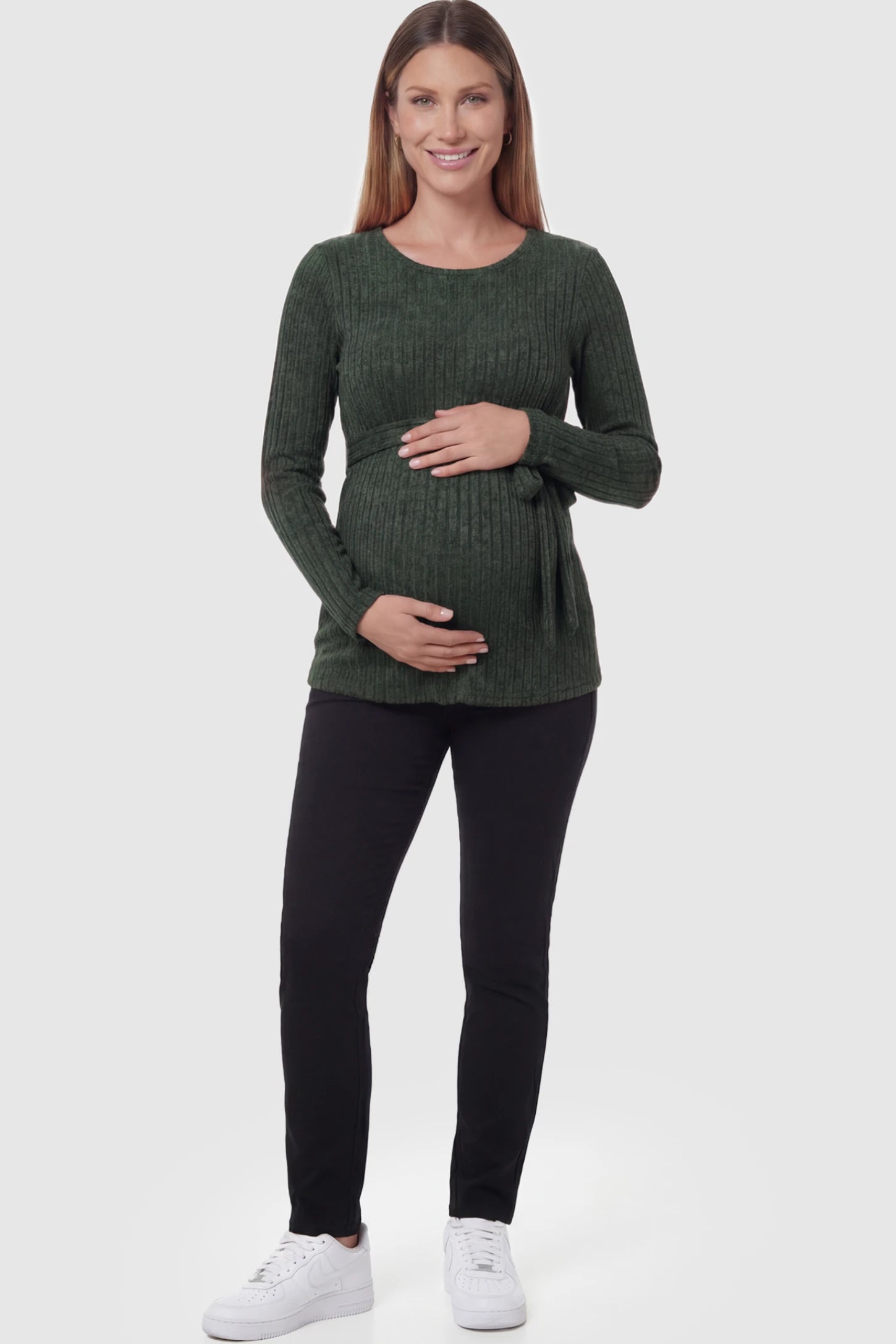 Ribbed Tie-Waist Long Sleeve Maternity Top Ribbed Tie-Waist Long Sleeve Maternity Top in Green featuring an adjustable waist on a pregnant model.
