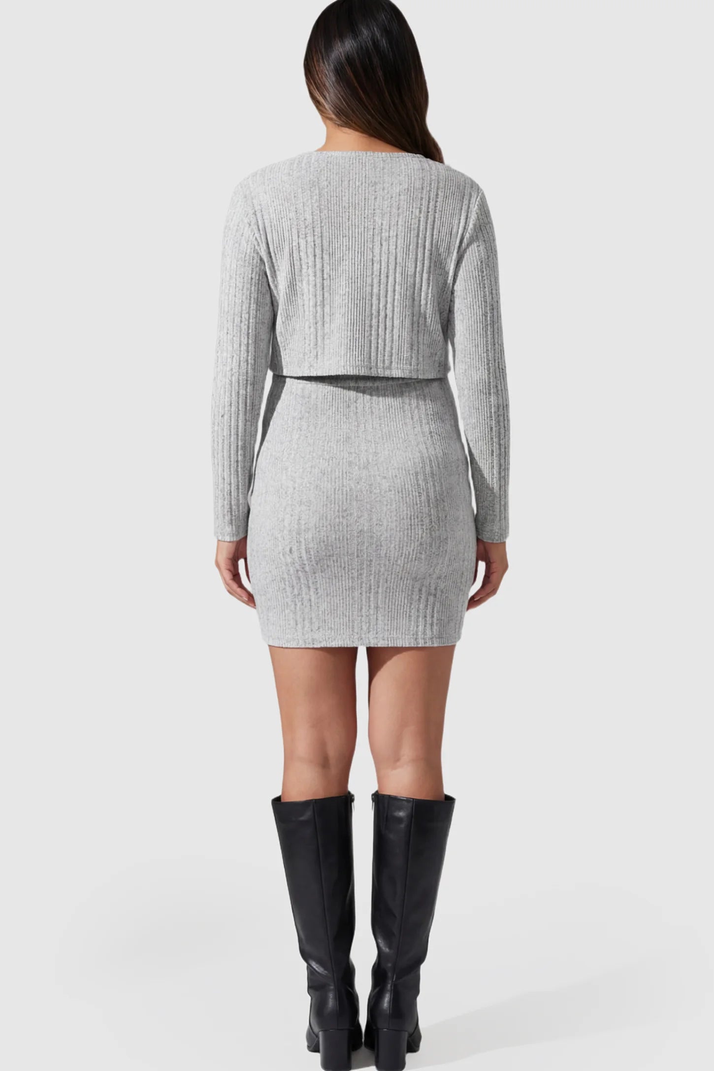 Ribbed Knit Long Sleeve Cardigan Cami Mini Maternity Dress Set Ribbed Long Sleeve Cardigan Cami Mini Maternity Dress Set in Light Gray featuring a fitted silhouette on a pregnant model.