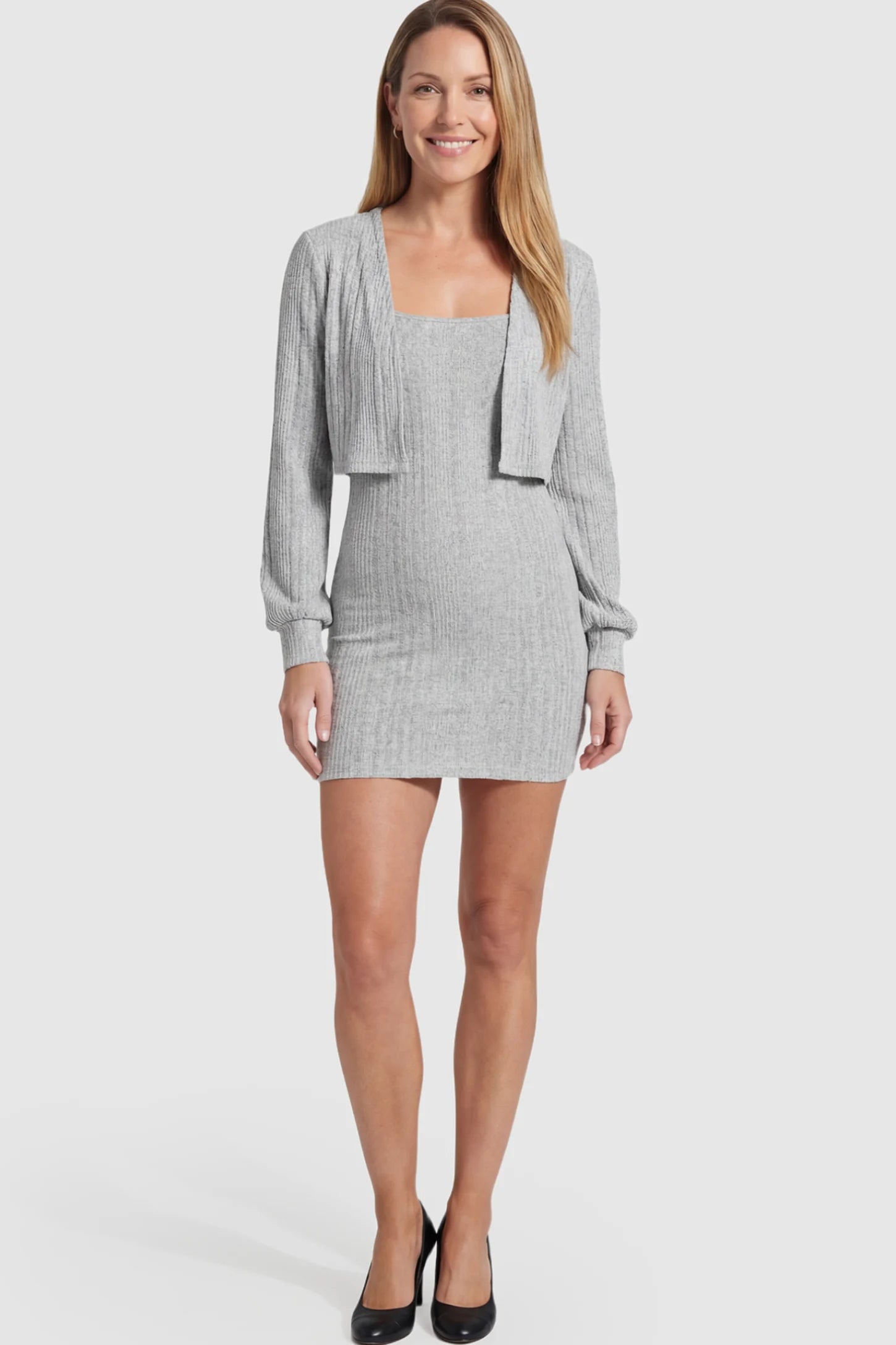 Ribbed Knit Long Sleeve Cardigan Cami Mini Maternity Dress Set Ribbed Long Sleeve Cardigan Cami Mini Maternity Dress Set in Light Gray featuring a fitted silhouette on a postpartum model.