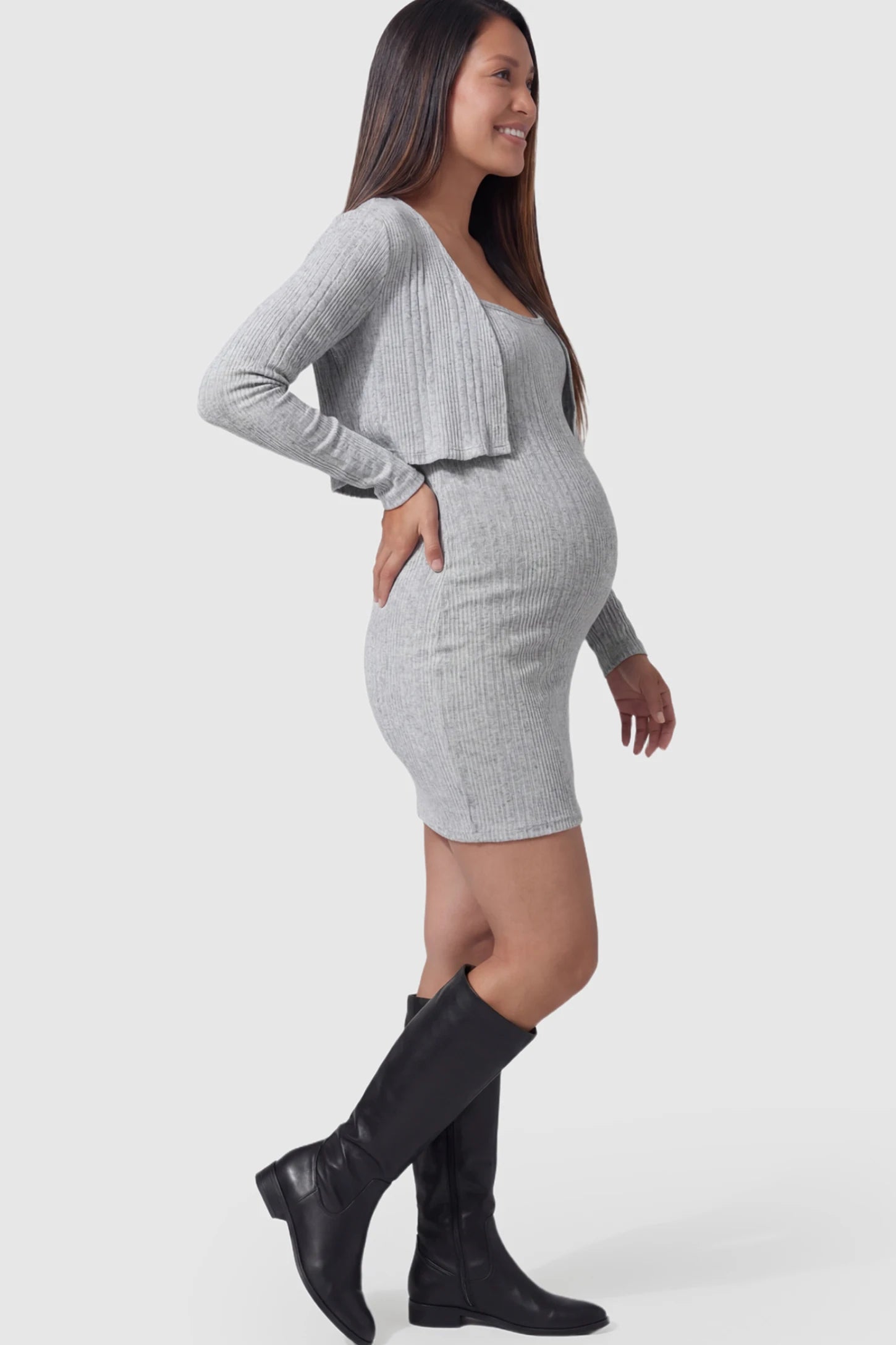 Ribbed Long Sleeve Cardigan Cami Mini Maternity Dress Set in Light Gray featuring a fitted silhouette on a pregnant model.