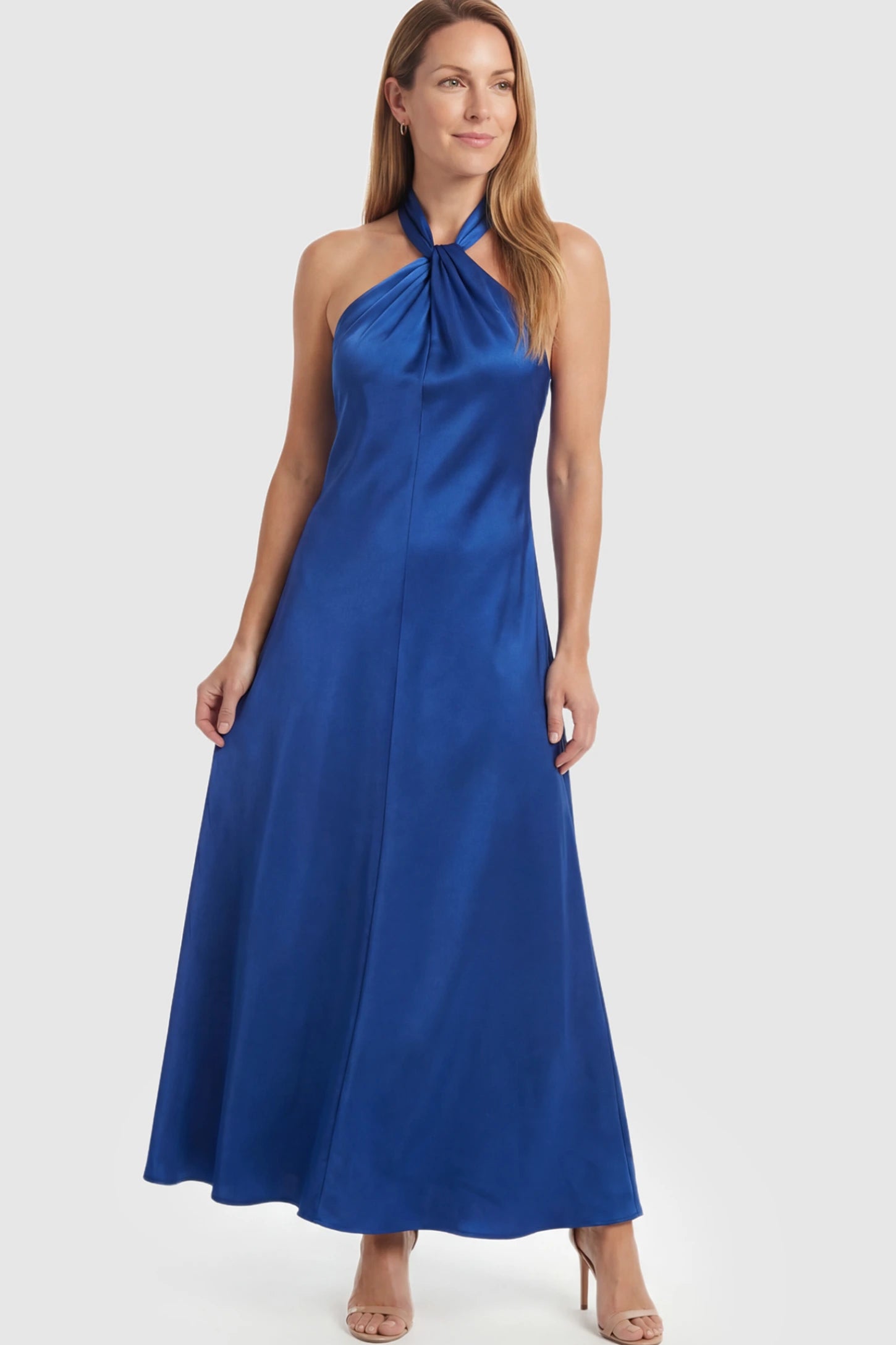 Solid Satin Tie-Waist Halter Maternity Maxi Dress Solid Satin Tie-Waist Halter Maxi Maternity Dress in Blue on a postpartum model.