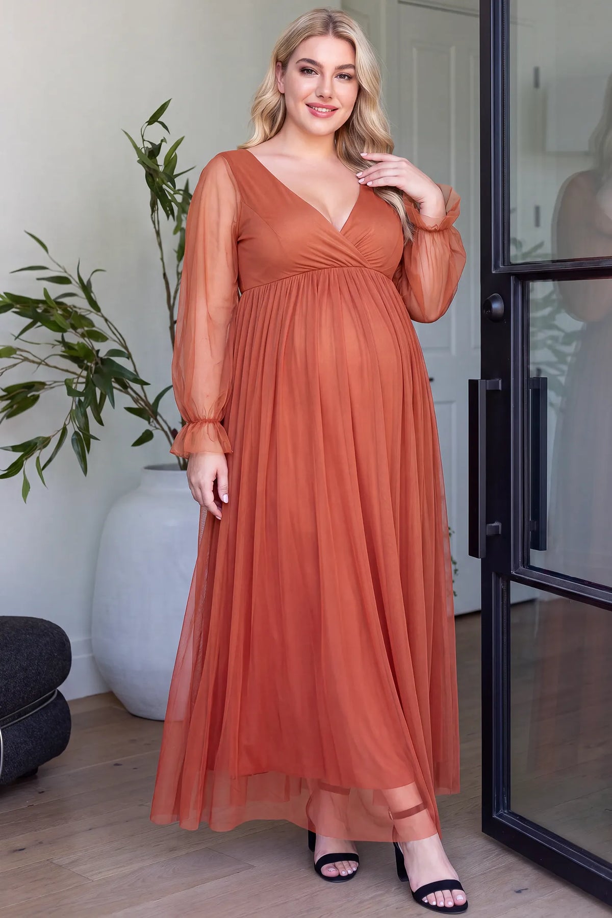Chiffon Long Sleeve V-Neck Maternity Maxi Dress