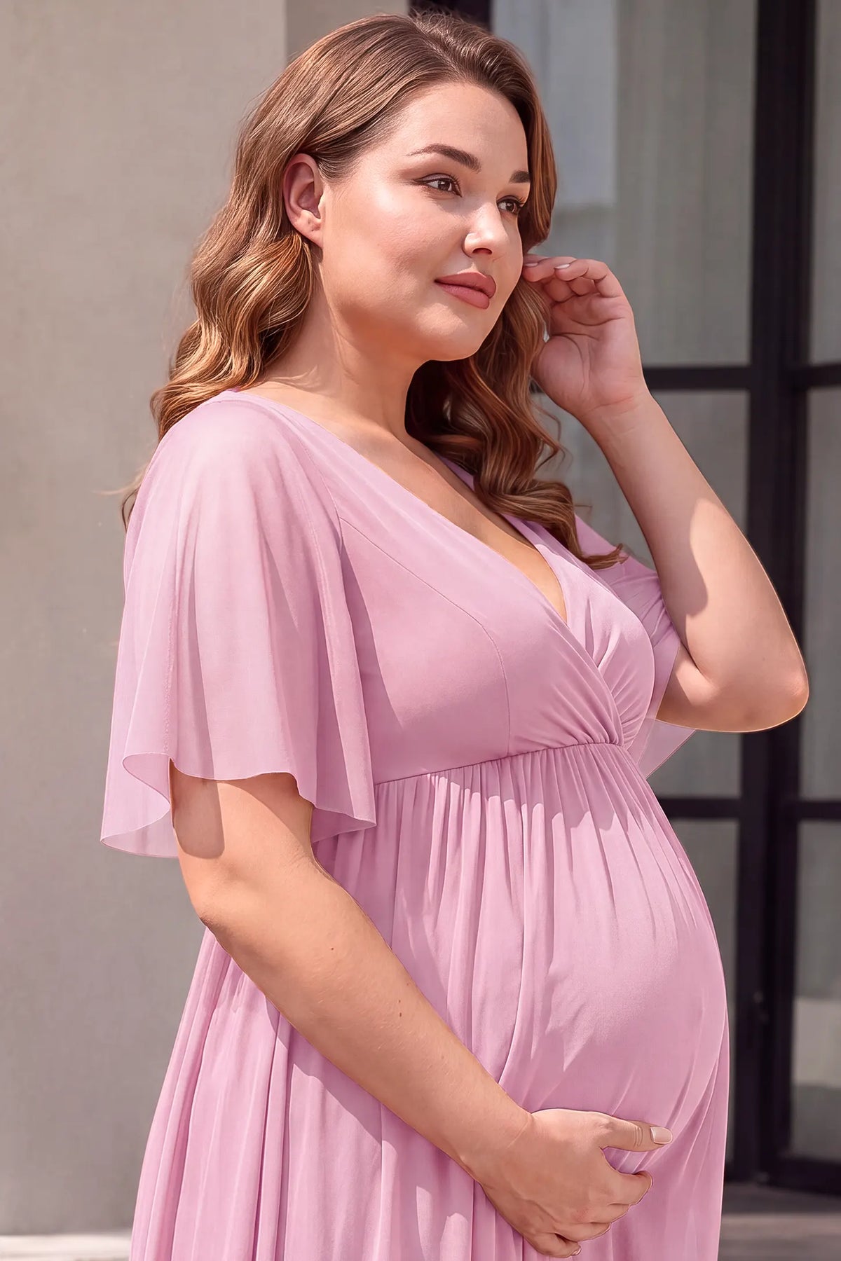 Chiffon Flutter Sleeve V-Neck Maternity Maxi Dress