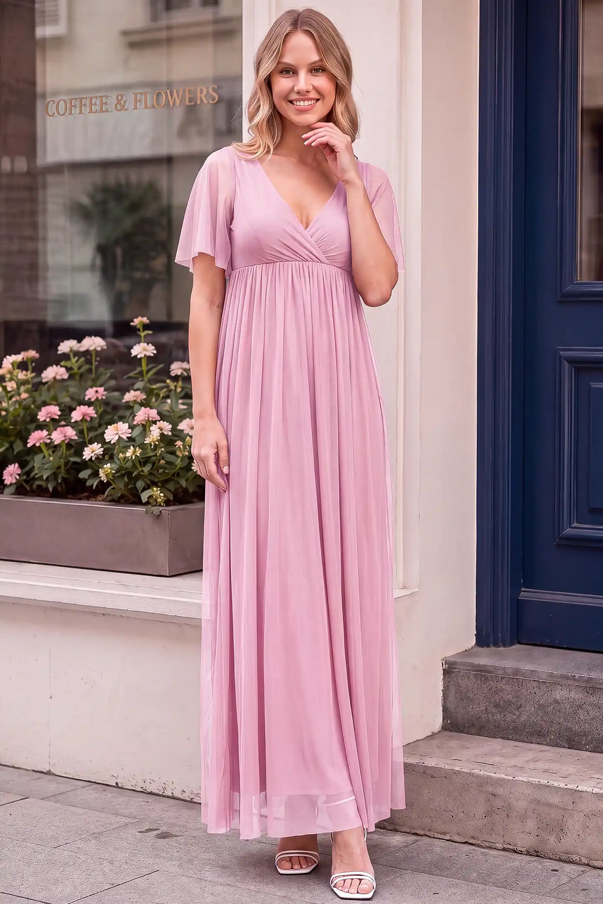 Chiffon Flutter Sleeve V-Neck Maternity Maxi Dress