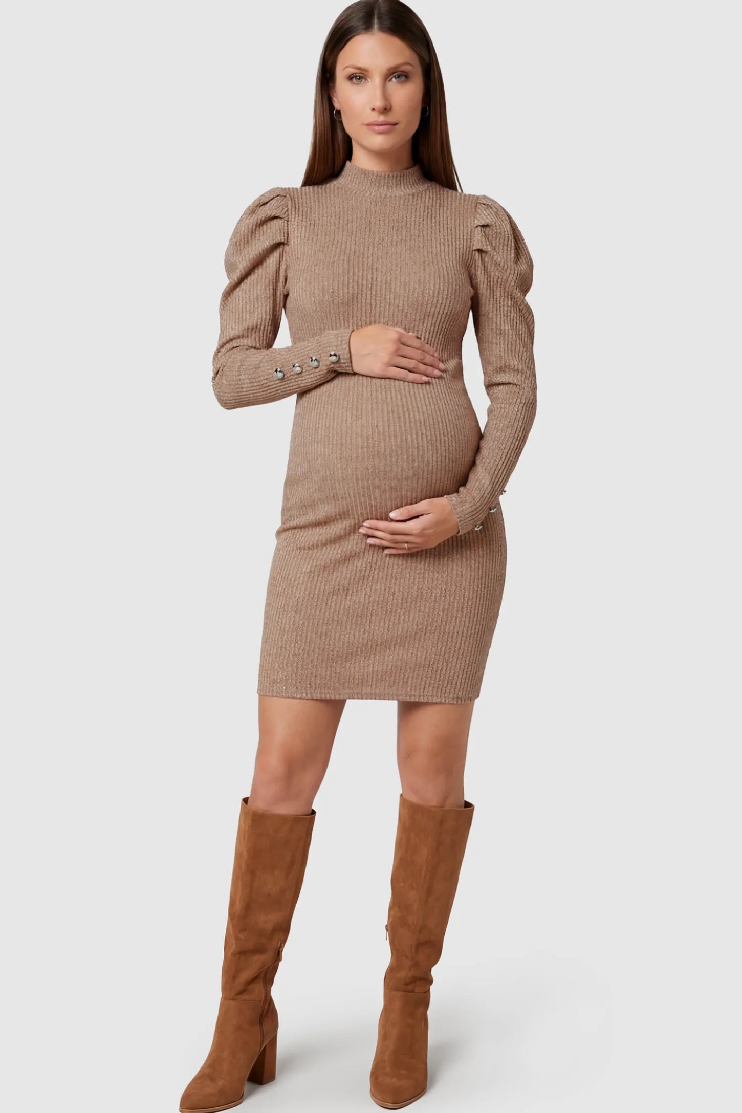 Ribbed Knit Puff Sleeve Bodycon Maternity Dress in Brown featuring a puff sleeve and textured fabric on a pregnant model.