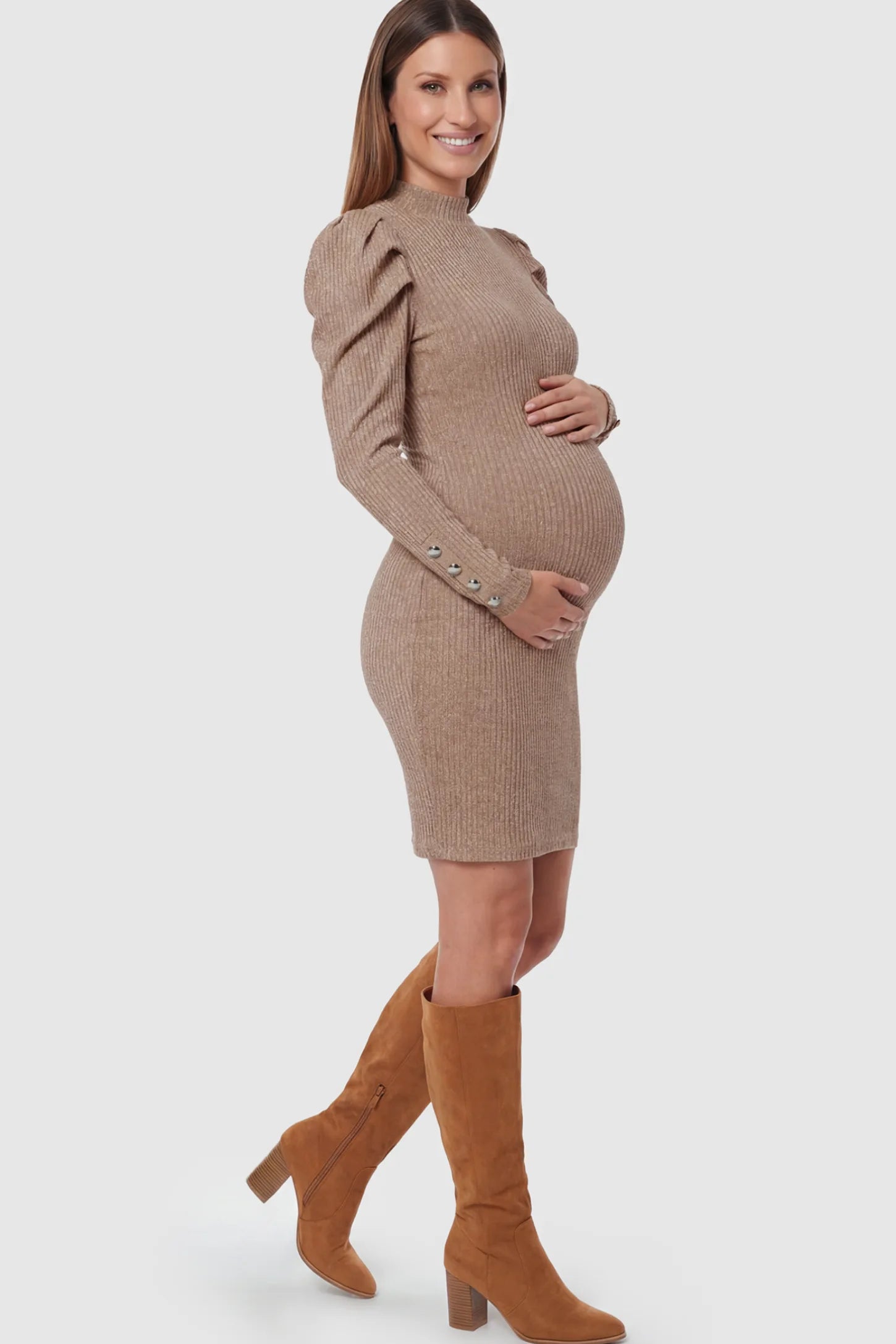 Ribbed Knit Puff Sleeve Bodycon Maternity Dress in Brown featuring a puff sleeve and textured fabric on a pregnant model.