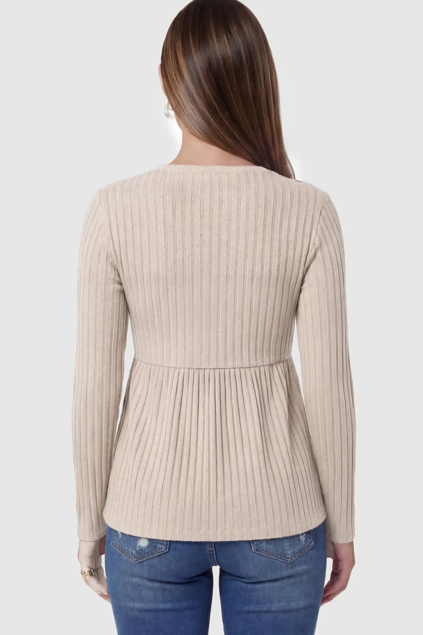 Ribbed Knit Long Sleeve Maternity Top Ribbed Knit Long Sleeve Maternity Top in Beige featuring high-stretch fabric on a pregnant model.