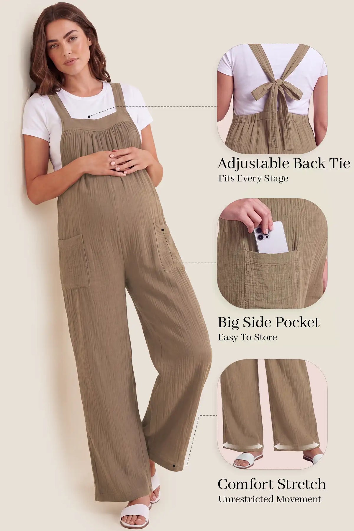 Square Neck Tie-Back Wide Leg Maternity Overalls
