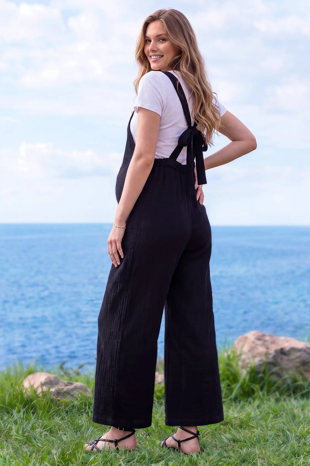 Square Neck Tie-Back Wide Leg Maternity Overalls