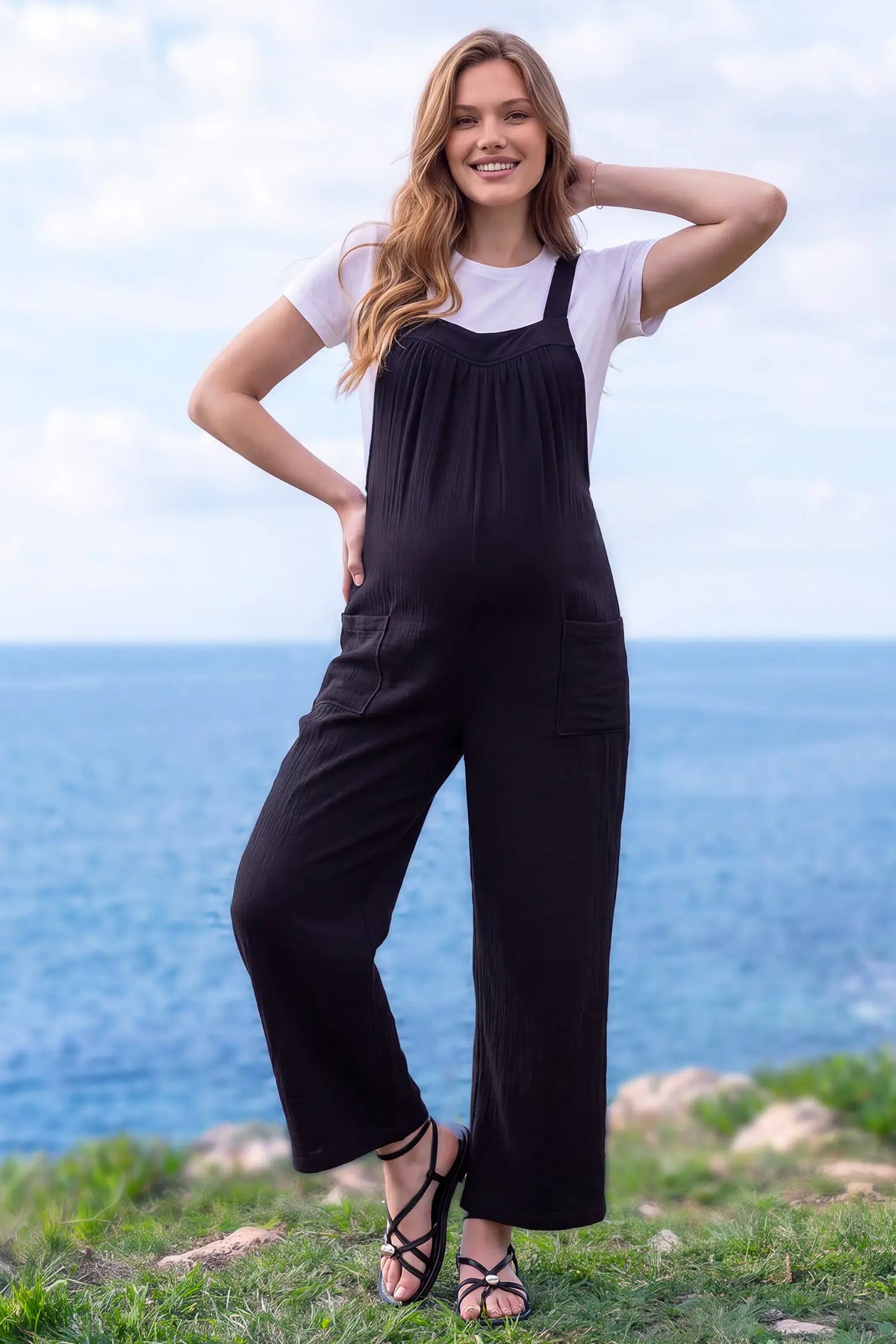 Square Neck Tie-Back Wide Leg Maternity Overalls