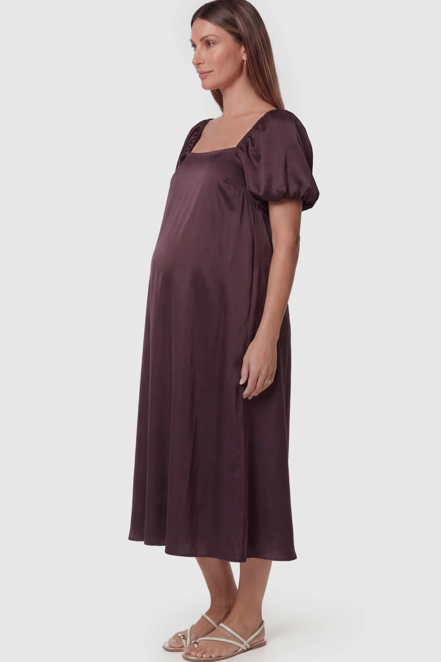 Puff Sleeve Square Neck Midi Maternity Dress in Dark Brown featuring a breathable cotton blend on a pregnant model.