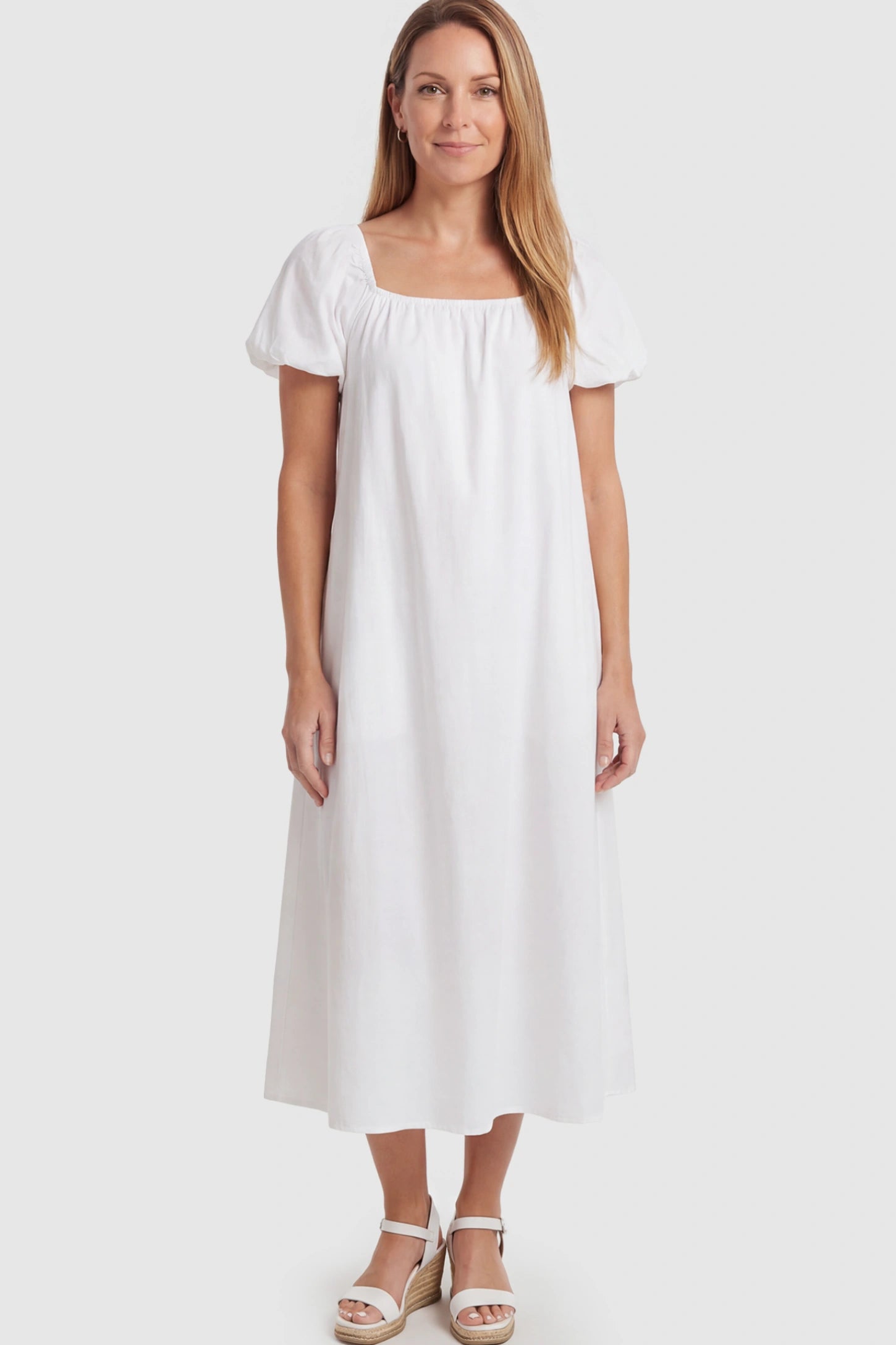 Puff Sleeve Square Neck Maternity Midi Dress Puff Sleeve Square Neck Midi Maternity Dress in White featuring a breathable cotton blend on a postpartum model.