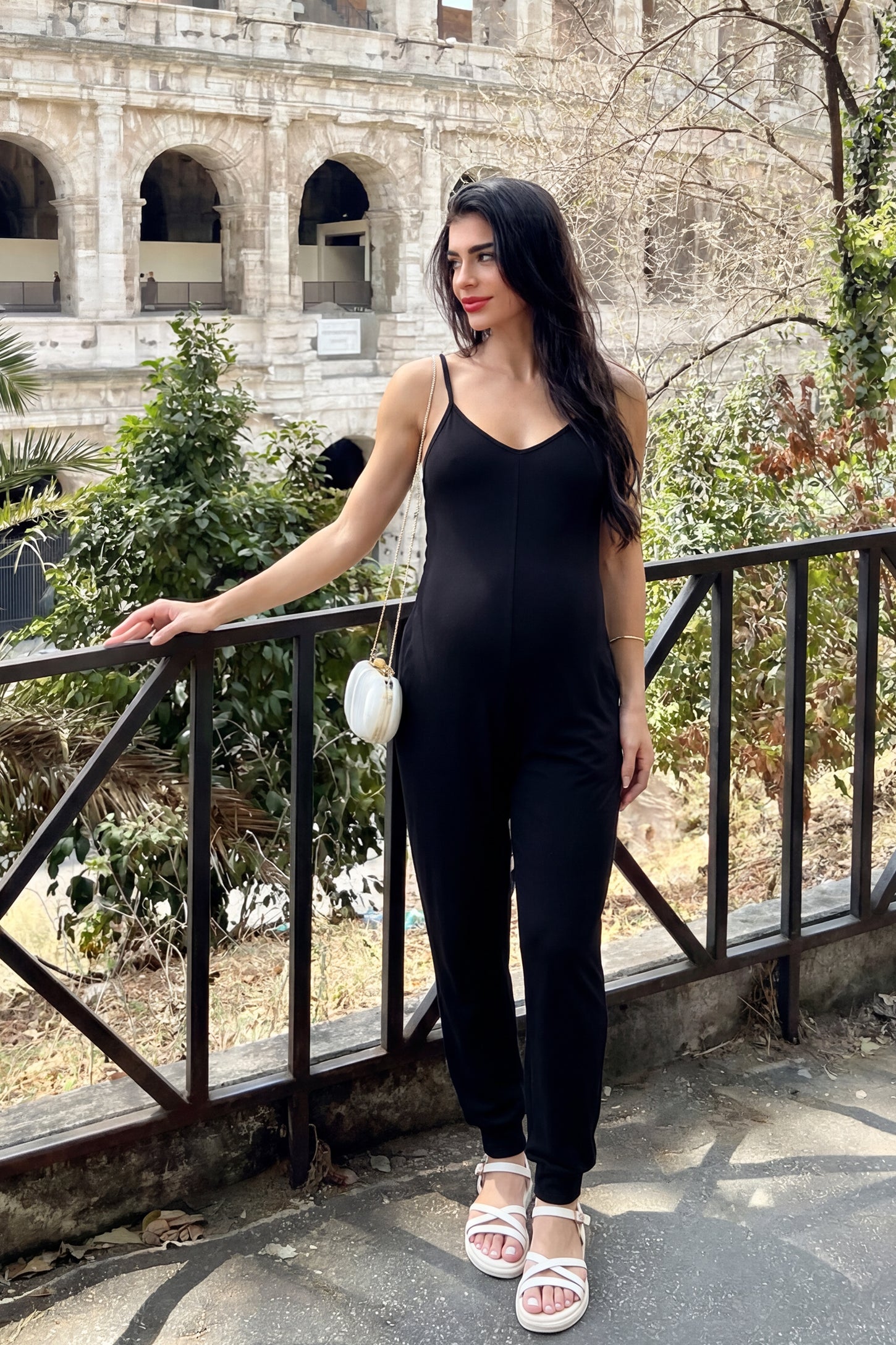 V-Neck Pocketed Maternity Jogger Jumpsuit