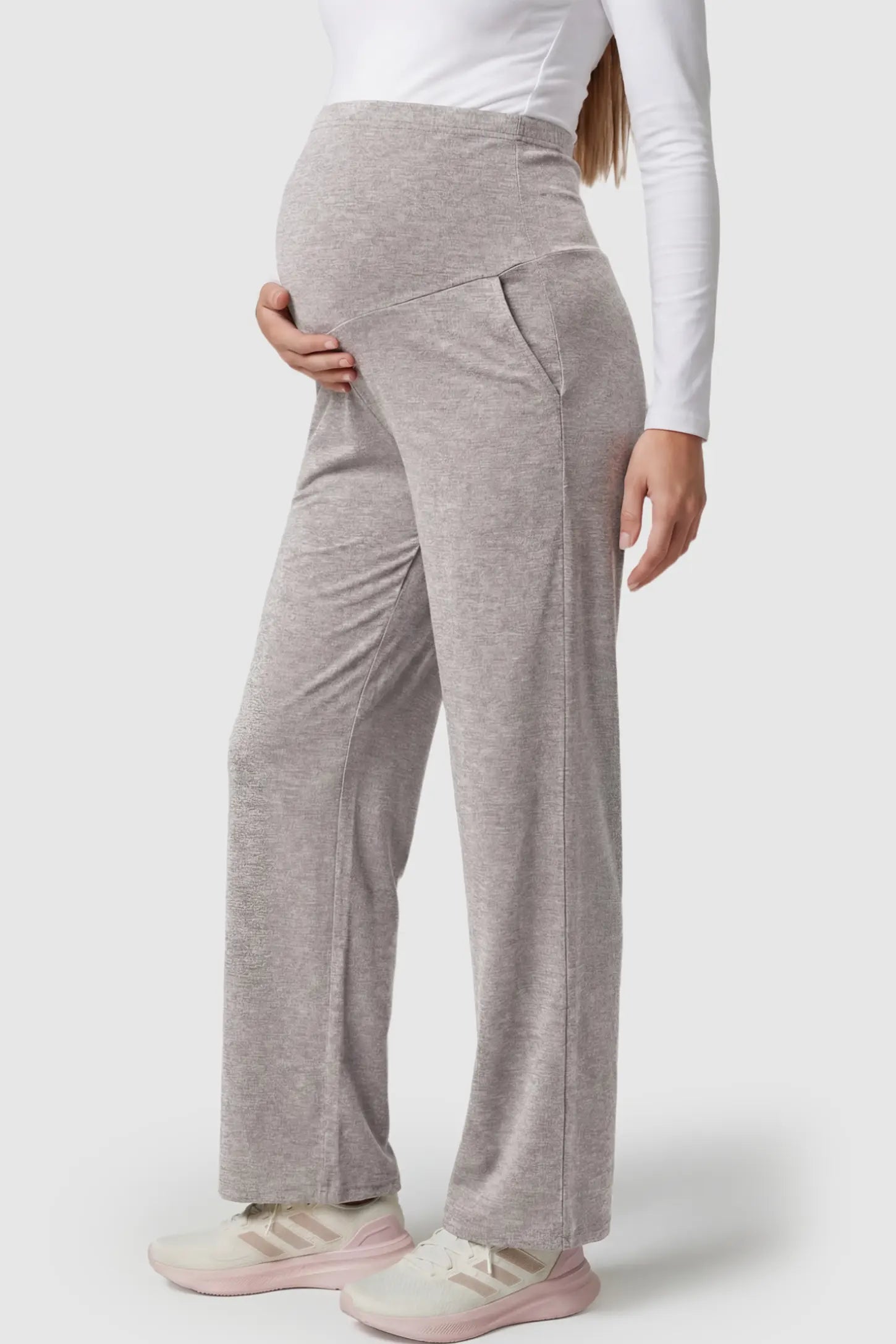Fold-Over Waistband Wide Leg Maternity Pants Fold-Over Waistband Wide Leg Maternity Pants in Gray featuring a versatile high-waist fit on a pregnant model showing side.