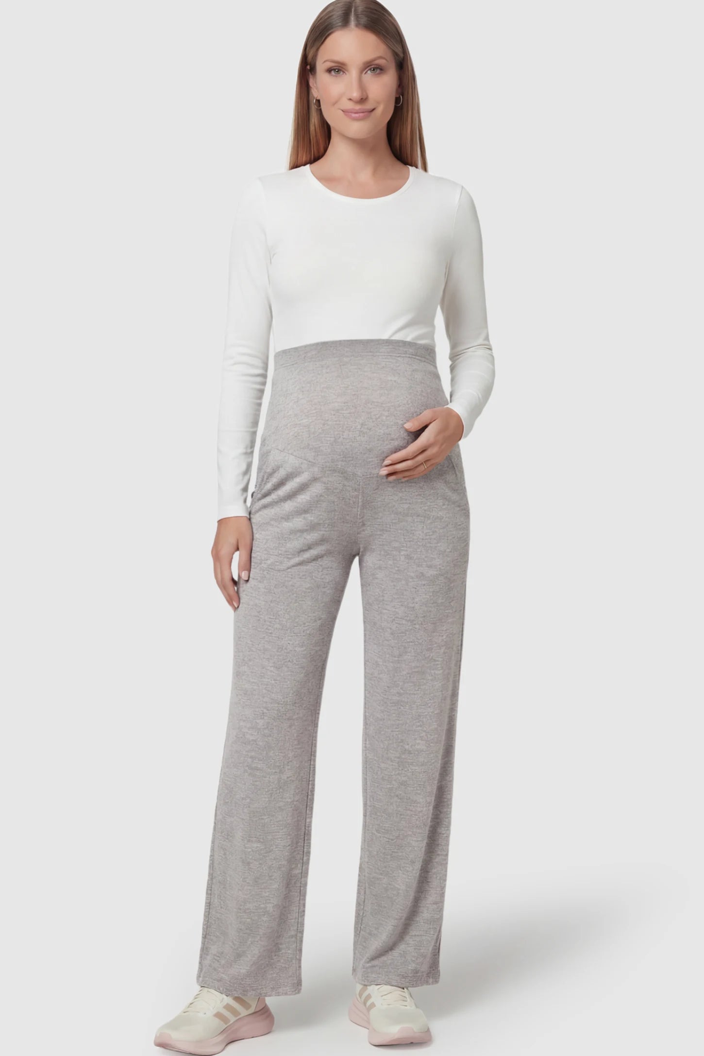 Fold-Over Waistband Wide Leg Maternity Pants Fold-Over Waistband Wide Leg Maternity Pants in Gray featuring a versatile high-waist fit on a pregnant model facing front.