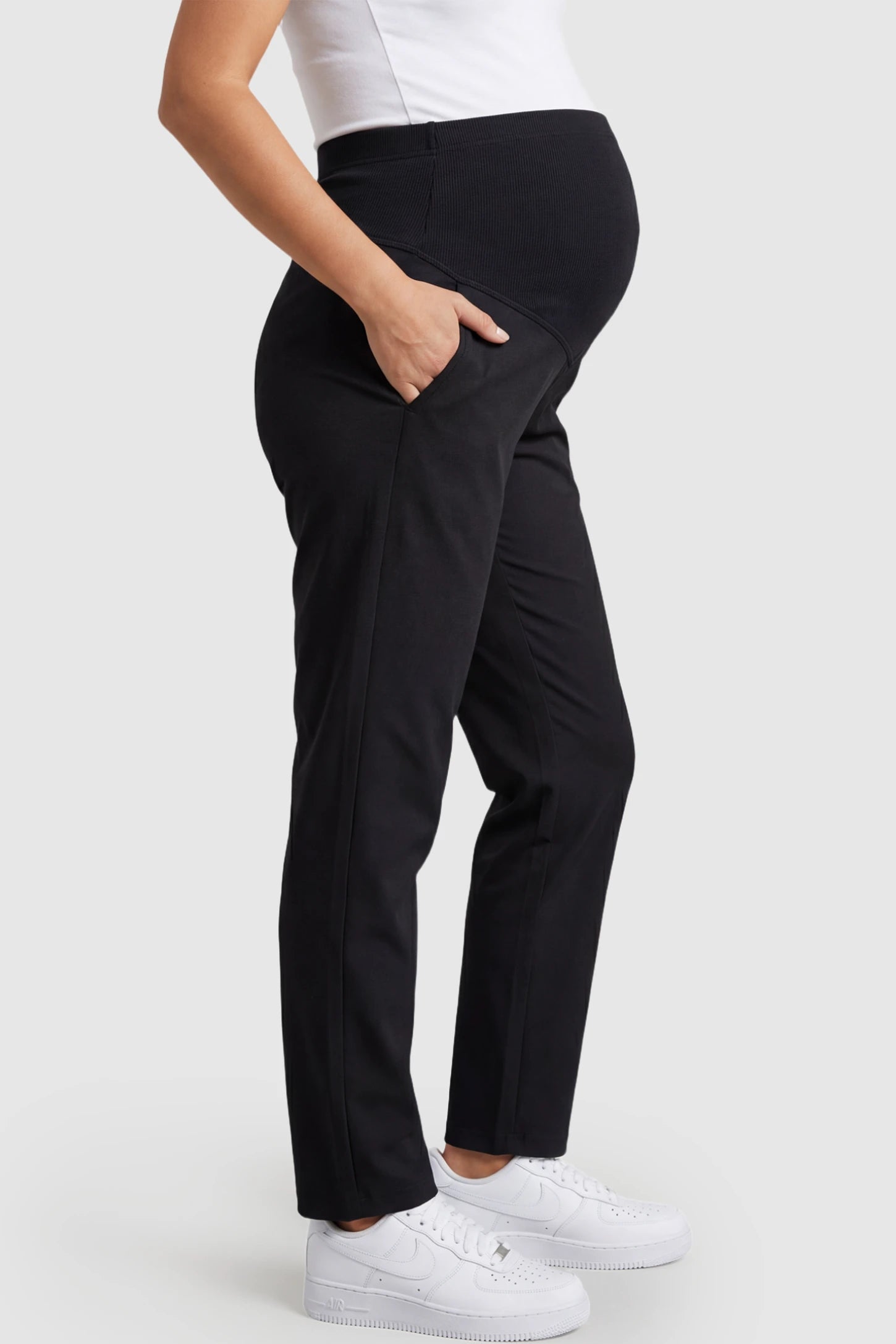 Elastic Mid Waist Straight Leg Maternity Pants Elastic Mid Waist Straight Leg Maternity Pants in black featuring Elastic Waistband on a pregnant model.