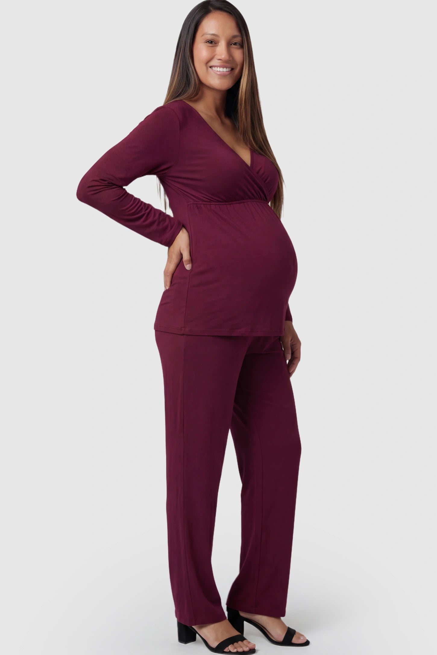 V-Neck Long Sleeve Maternity Lounge Set in Burgundy featuring a crossover front on a pregnant model.