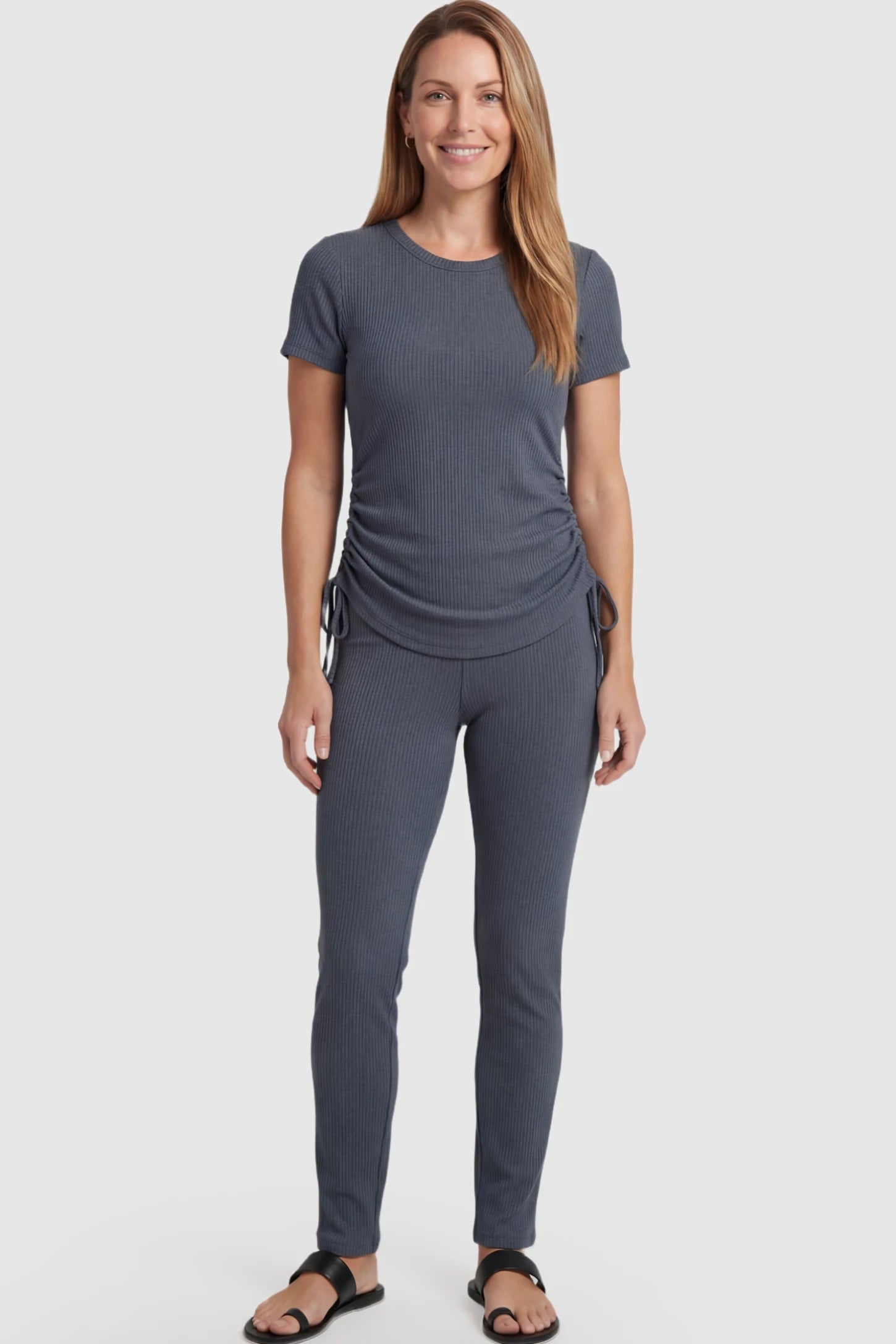 Side Drawstring Short Sleeve Top Leggings Maternity Lounge Set Side Drawstring Short Sleeve Top Leggings Maternity Lounge Set in Gray featuring side drawstring on a postpartum model.