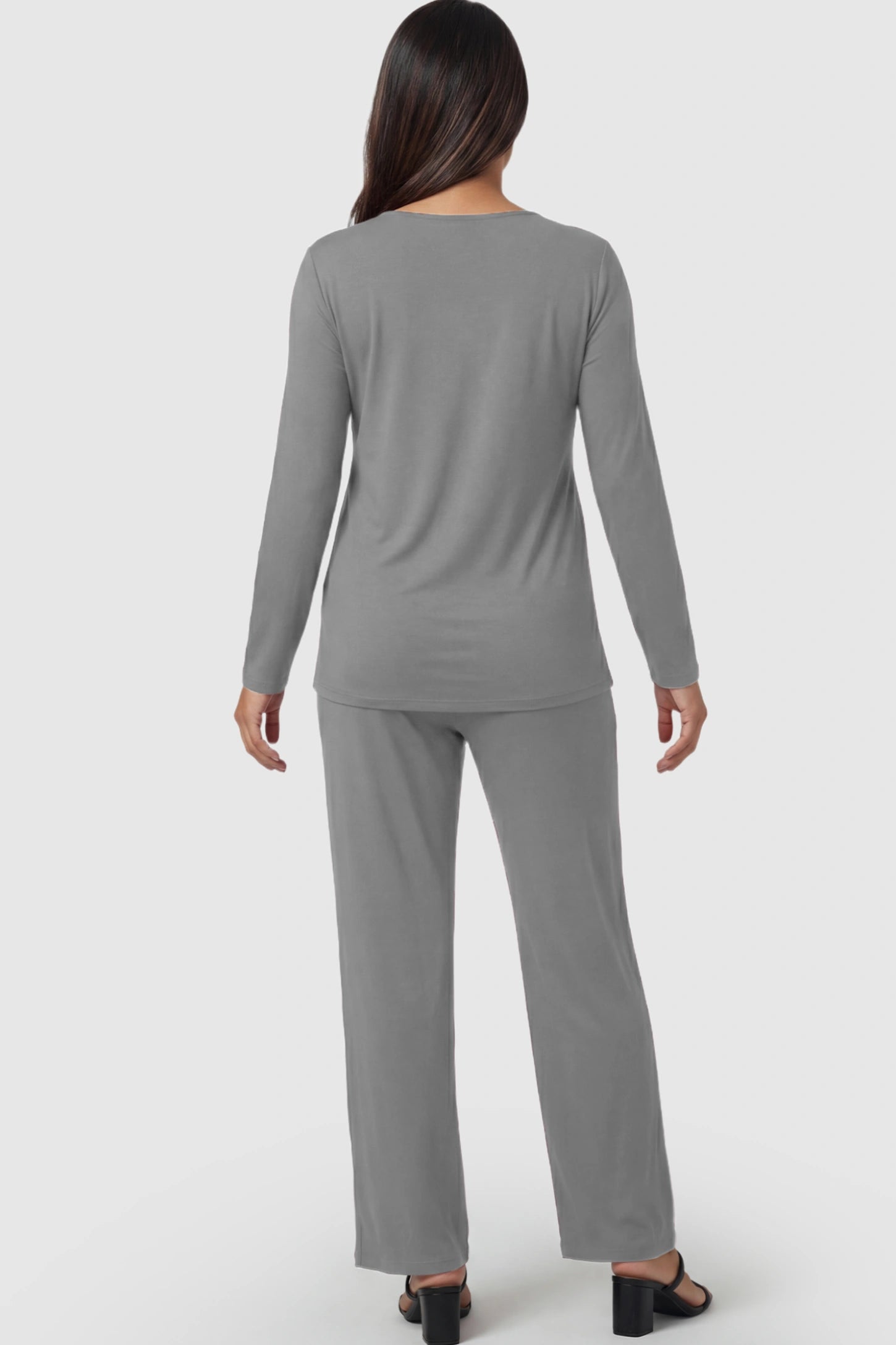 V-Neck Long Sleeve Top with Long Pants Maternity Lounge Set V-Neck Long Sleeve Maternity Lounge Set in Gray on a pregnant model.