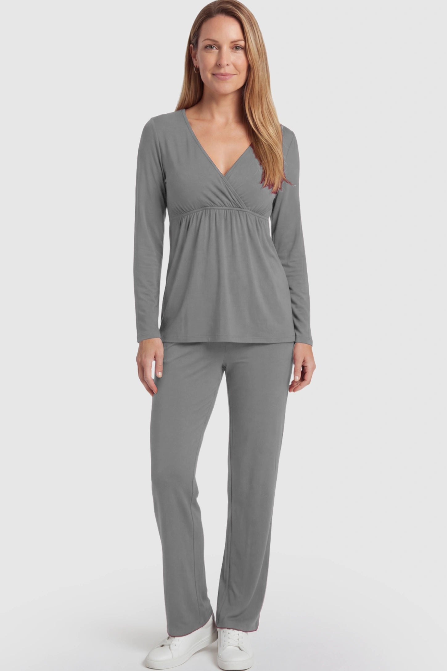 V-Neck Long Sleeve Top with Long Pants Maternity Lounge Set V-Neck Long Sleeve Maternity Lounge Set in Gray featuring a crossover front on a postpartum model.