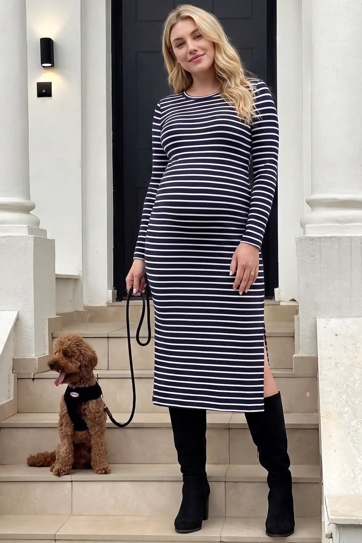 Striped Side Slit Long Sleeve Bodycon Maternity Midi Dress