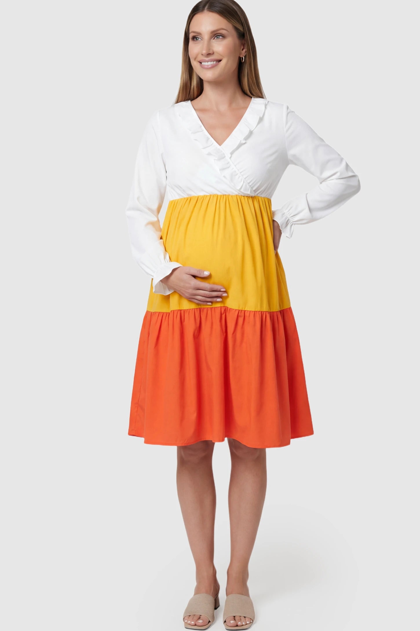 Ruffle V-Neck Colorblock Tiered Maternity Nursing Dress in White, Yellow, and Orange featuring a lift-up nursing panel.