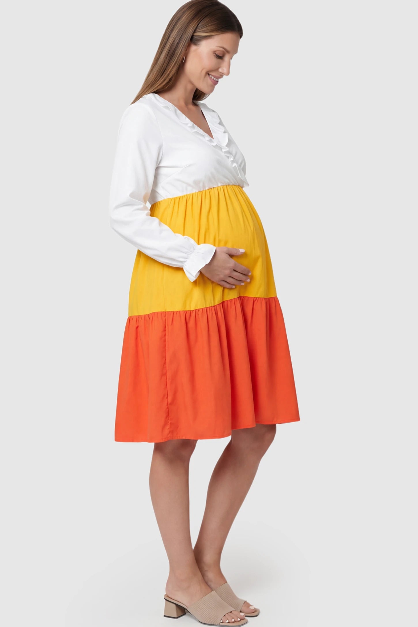 Ruffle V-Neck Colorblock Tiered Maternity Nursing Dress in White, Yellow, and Orange featuring a lift-up nursing panel.