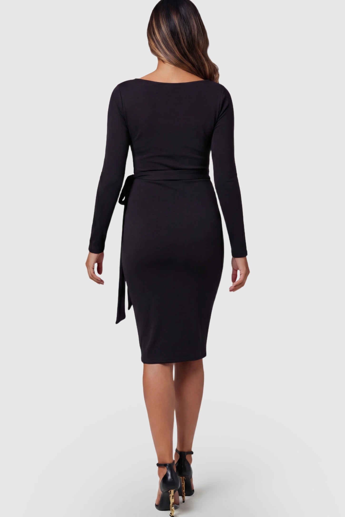 Square Neck Side-Tie Maternity Midi Dress Square Neck Side-Tie Maternity Midi Dress in Black featuring a long-sleeve bodycon fit on a pregnant model.