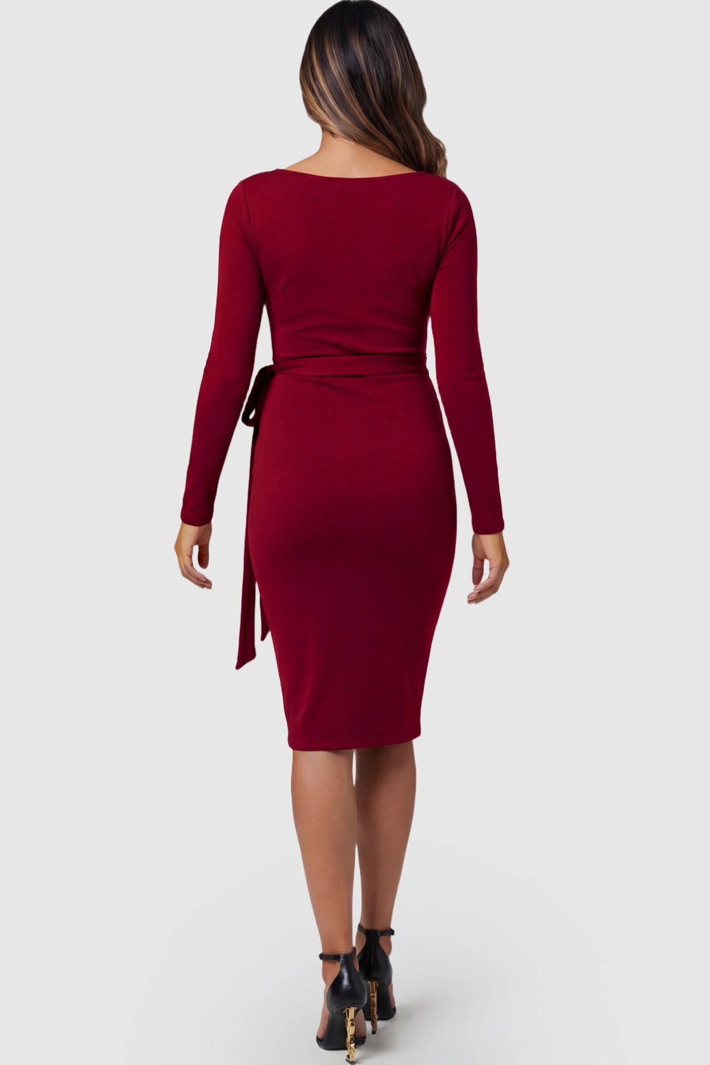 Square Neck Side-Tie Maternity Midi Dress Square Neck Side-Tie Maternity Midi Dress in Burgundy featuring a long-sleeve bodycon fit on a pregnant model.